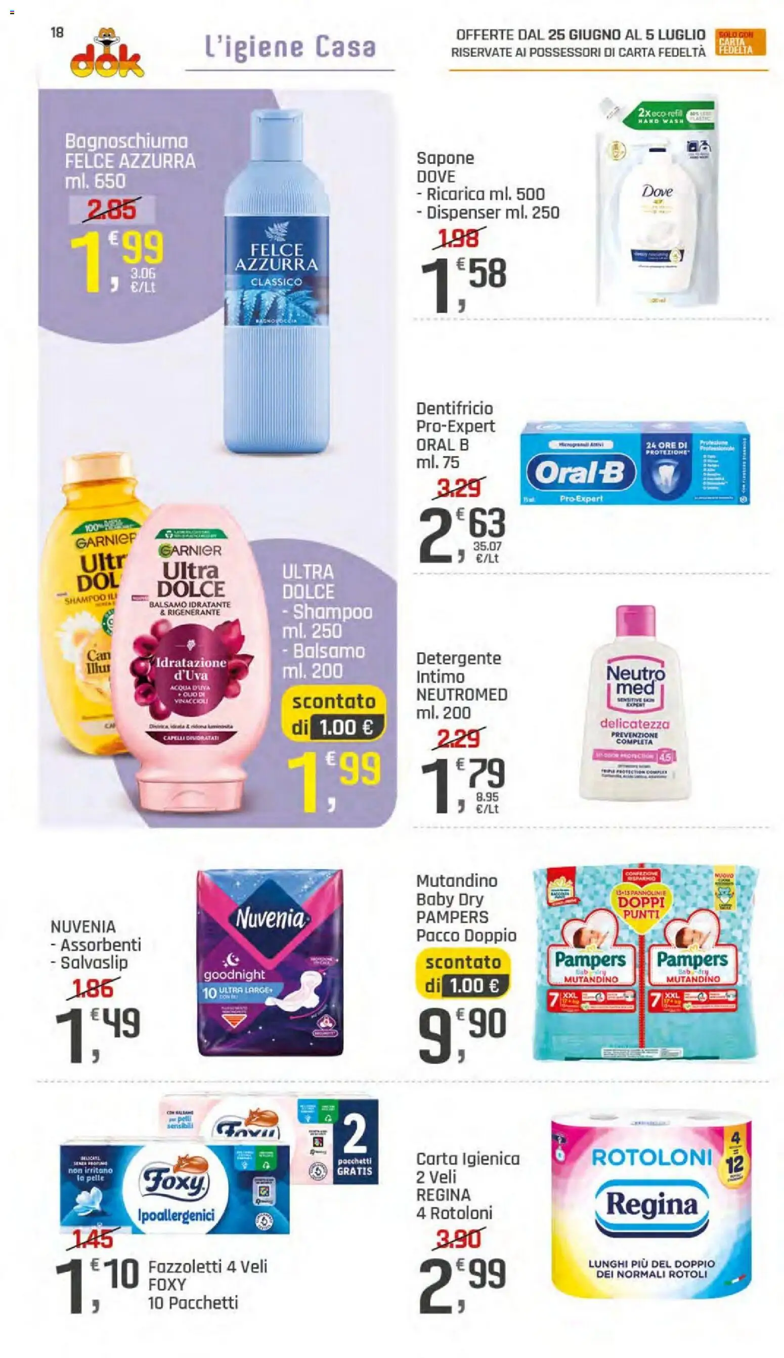 Volantino DOK del 25.06.2026 | Pagina: 18 | Prodotti: Fazzoletti, Intimo, Acqua, Pampers
