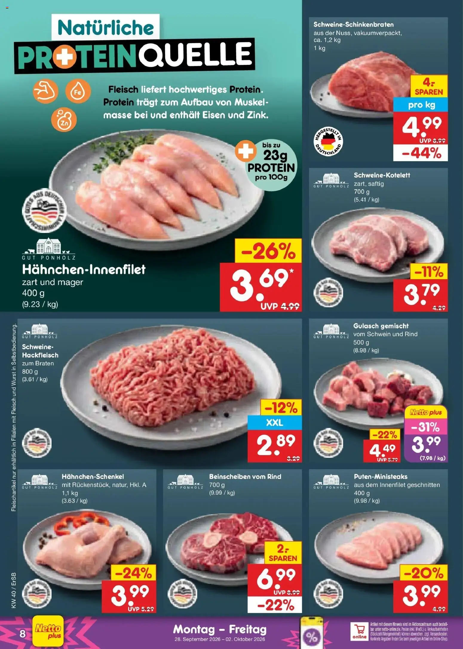 Netto Marken-Discount Prospekt Nordhausen – gültig ab 28.09.2026 | Seite: 10 | Produkte: Hahnchenschenkel, Gulasch, Wurst, Fleisch