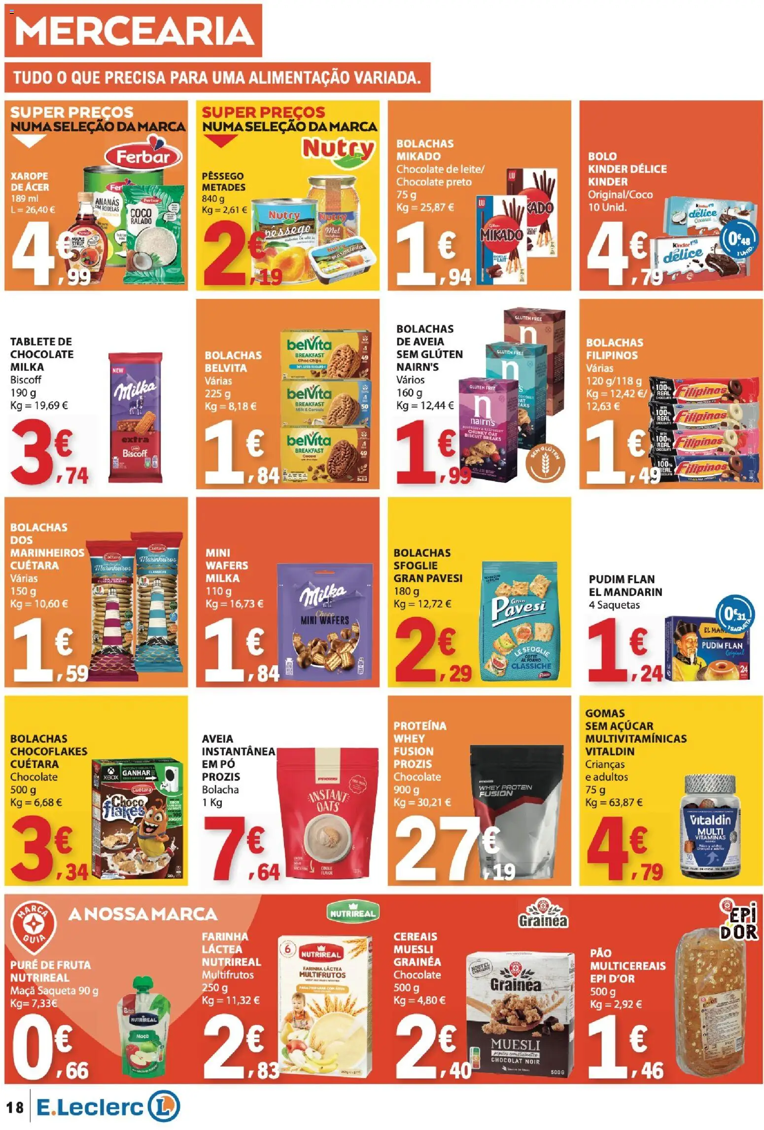 E.Leclerc folheto │ válido de 24/09/2026 | Página: 18 | Produtos: Muesli, Saquetas, Açúcar, Whey protein