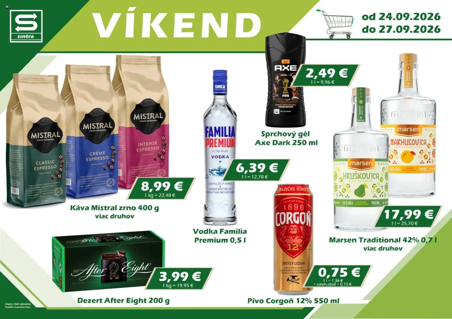 Nové Sintra akcie – leták je platný od 24.09.2026 | Strana: 1 | Produkty: Pivo, Káva, Corgoň, Dezert