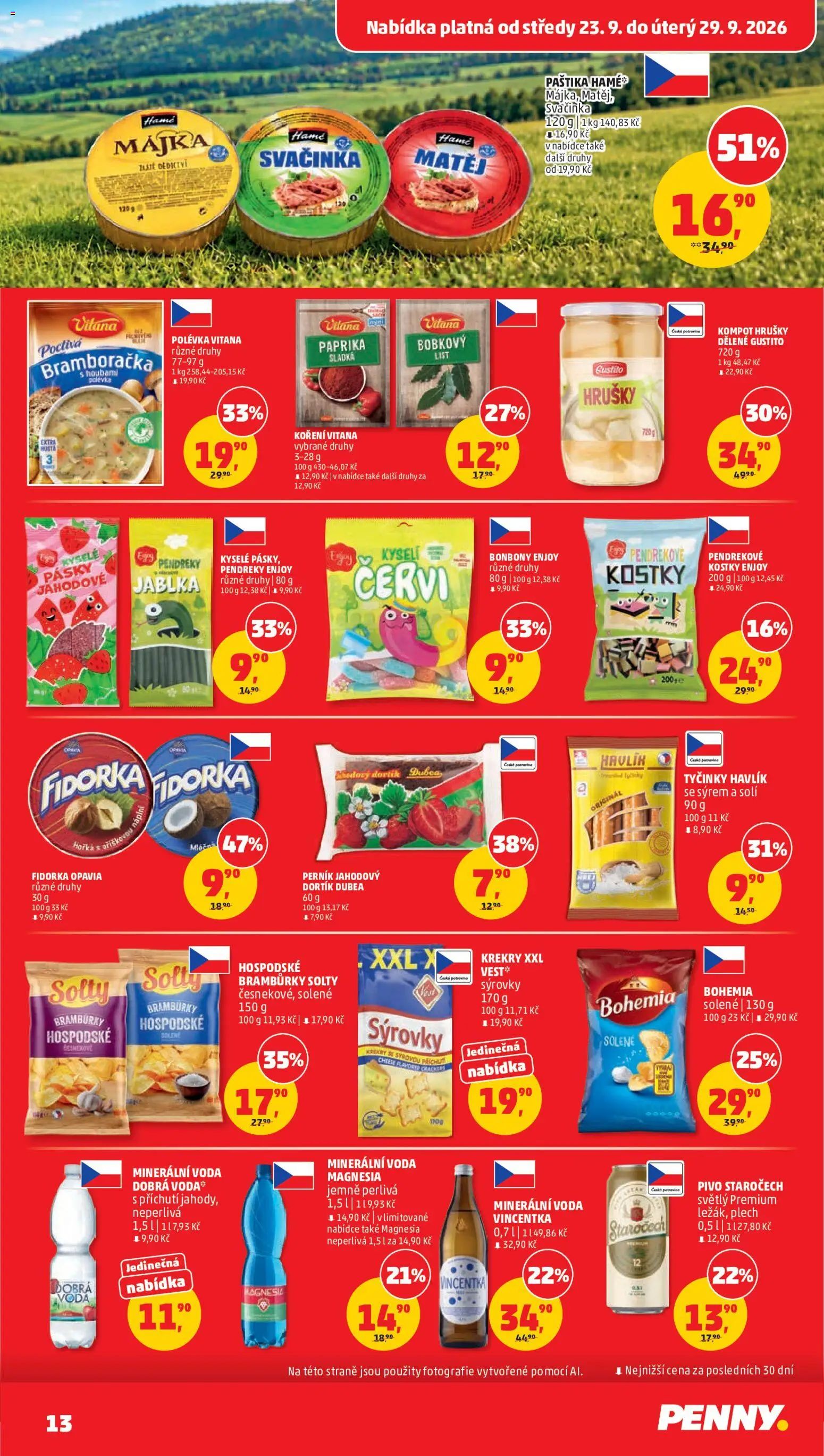 Penny Market leták od 23.09.2026 | Strana: 13 | Produkty: Kompot, Pivo, Bramburky, Minerální voda