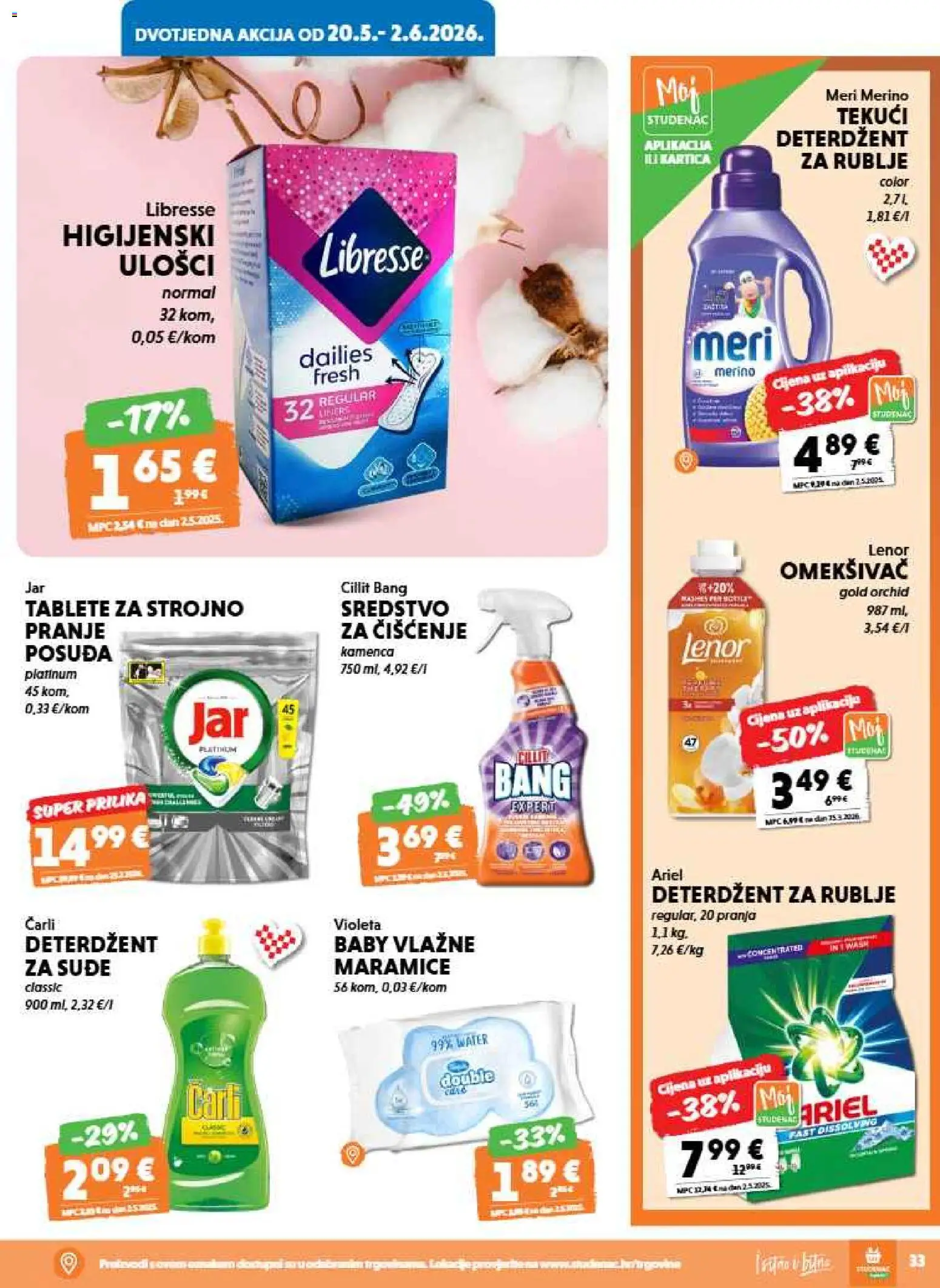 Studenac katalog | vrijedi od 20.05.2026 | Stranica: 33 | Proizvodi: Omekšivač, Violeta, Meri Merino, Ariel