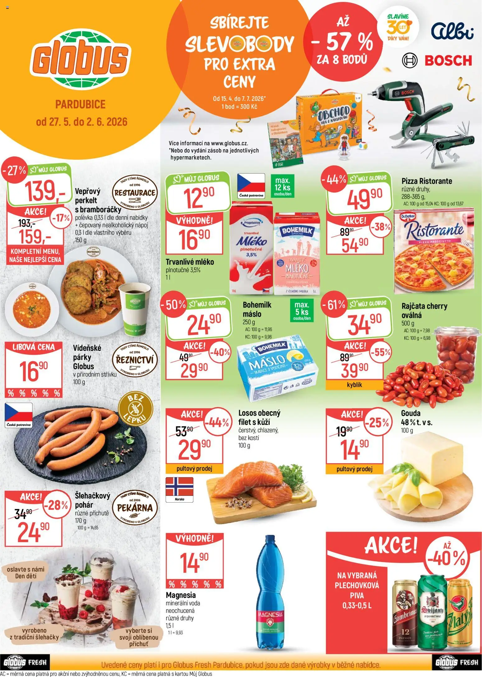 Globus leták - Pardubice od 27.05.2026 | Strana: 1 | Produkty: Mléko, Rajčata, Losos, Gambrinus