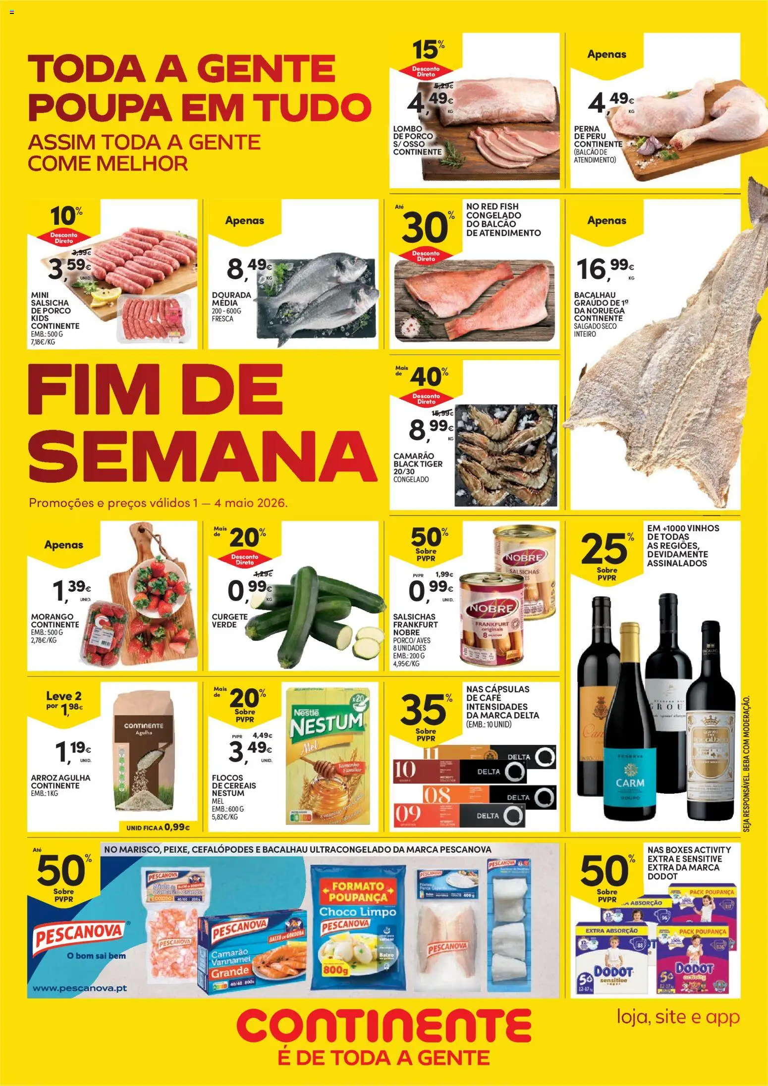 Continente Fim de Semana à Continente │ válido de 01.05.2026 | Página: 1 | Produtos: Dourada, Bacalhau, Salsicha, Café