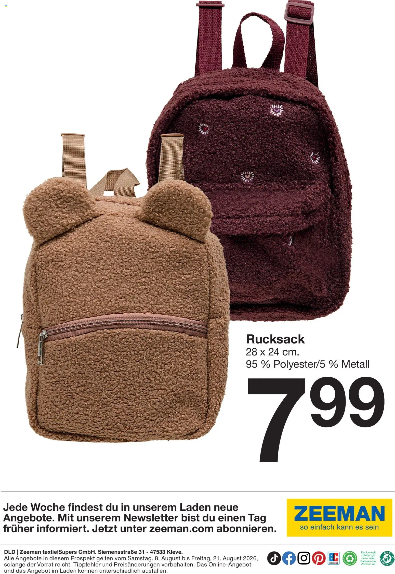 Zeeman Prospekt – gültig ab 08.08.2026 | Seite: 26 | Produkte: Batterien, Rucksack
