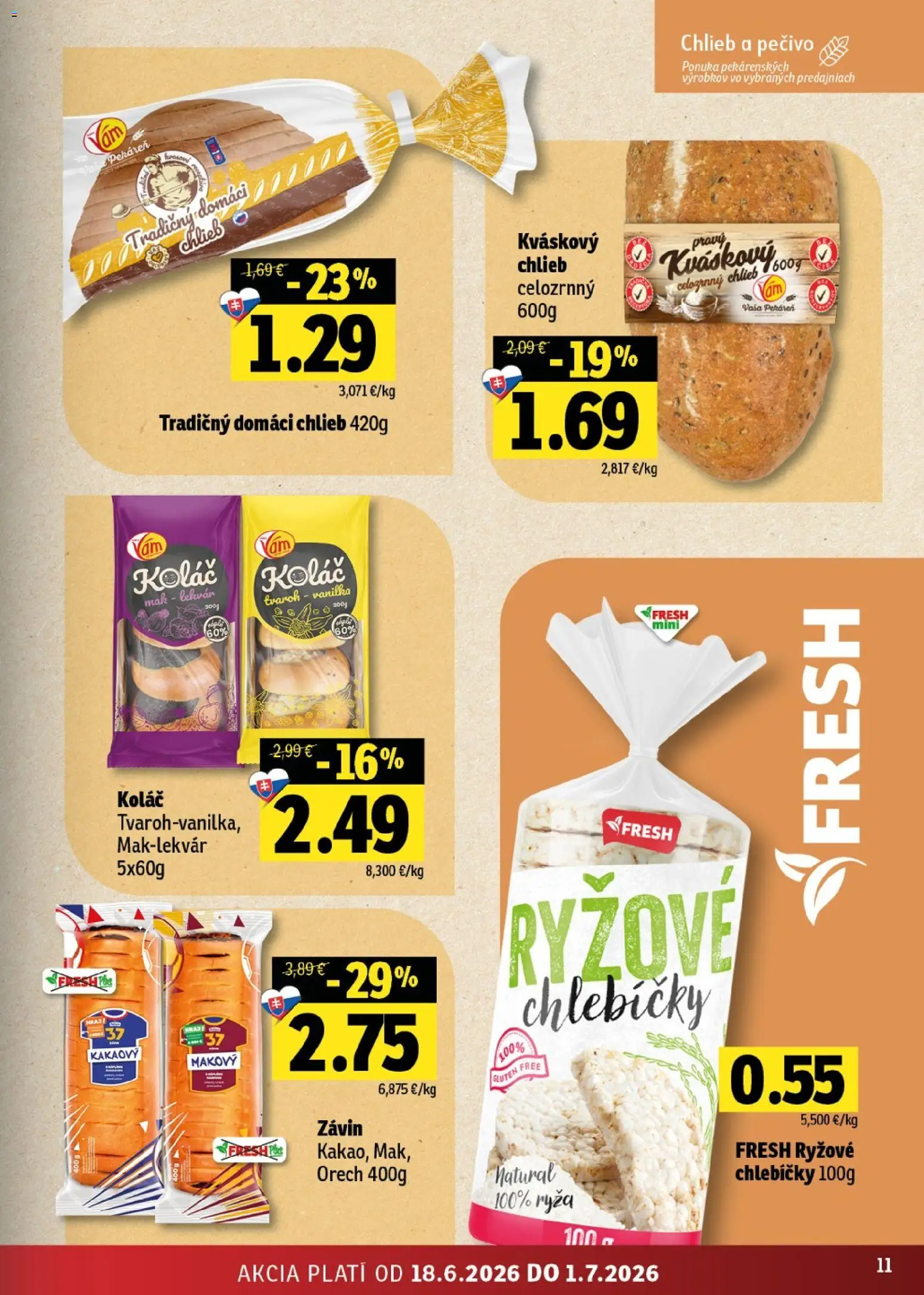 Nové Fresh akcie – leták je platný od 18.06.2026 | Strana: 11 | Produkty: Pekáreň, Ryža, Závin, Mak