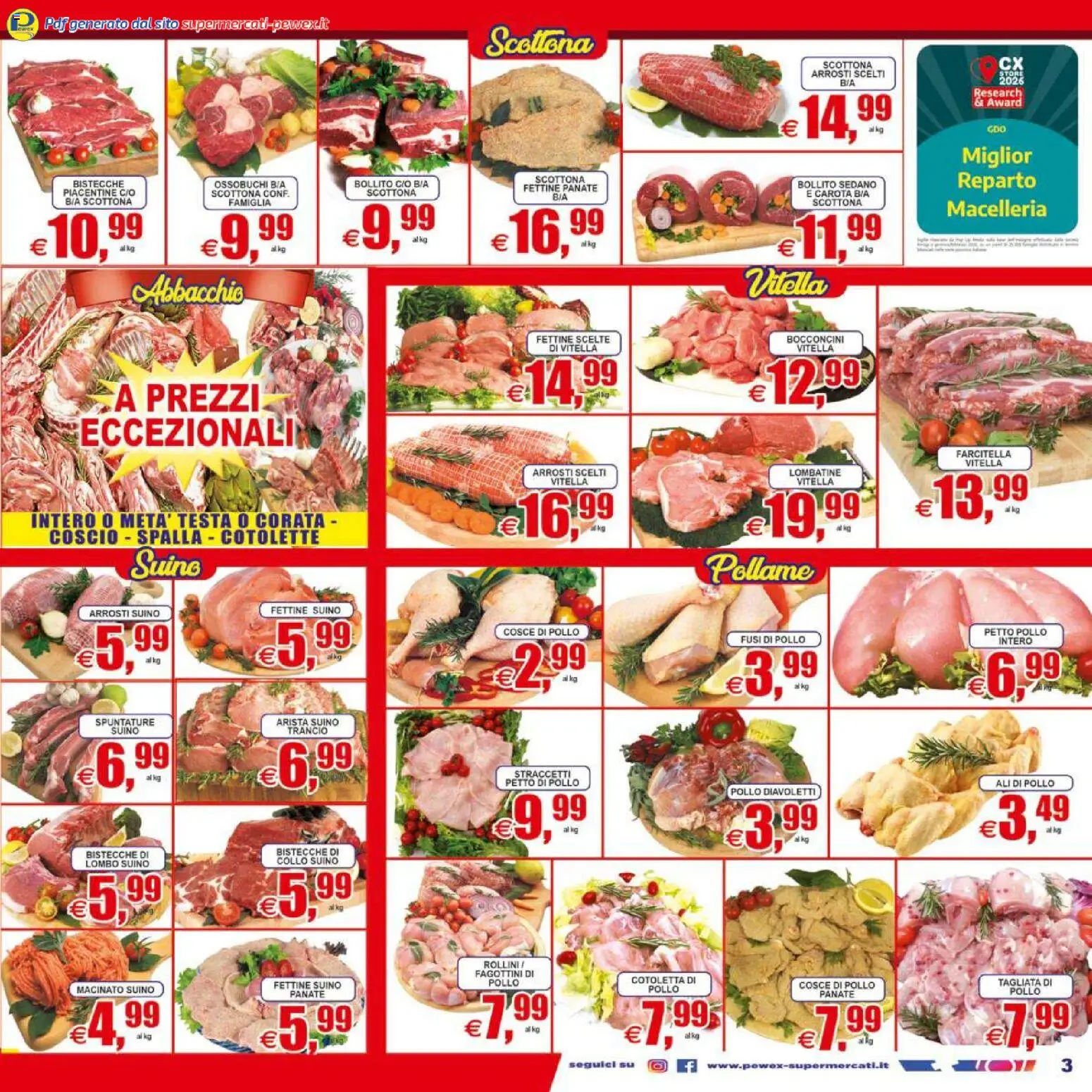Volantino Pewex del 07.04.2026 | Pagina: 3 | Prodotti: Petto di Pollo, Suino, Cosce di pollo, Macinato