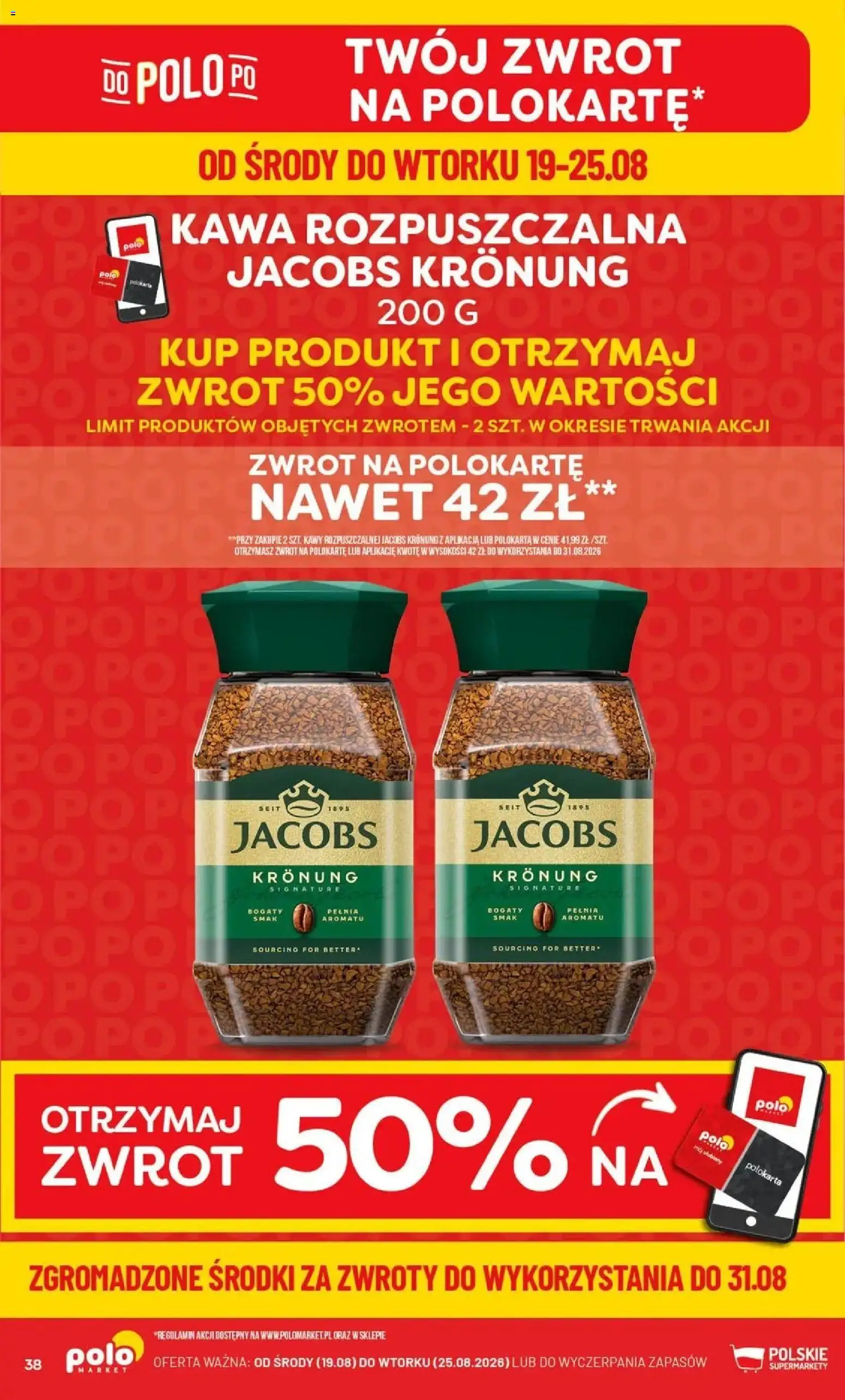 Nowa POLOmarket gazetka od jutra 19.08.2026 | Strona: 38 | Produkty: Jacobs, Kawa rozpuszczalna, Kawa rozpuszczalna Jacobs Kronung, Kawa