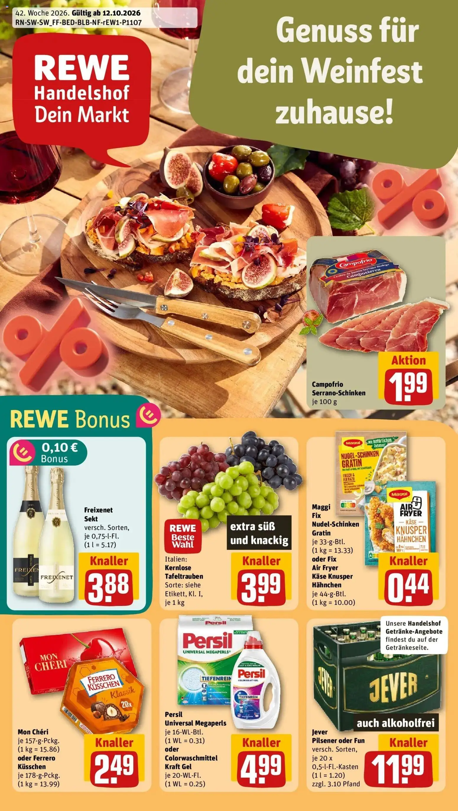 REWE Prospekt ab 12.10.2026 zum Blättern » Angebote | Seite: 1 | Produkte: Hahnchen, Maggi, Freixenet, Jever