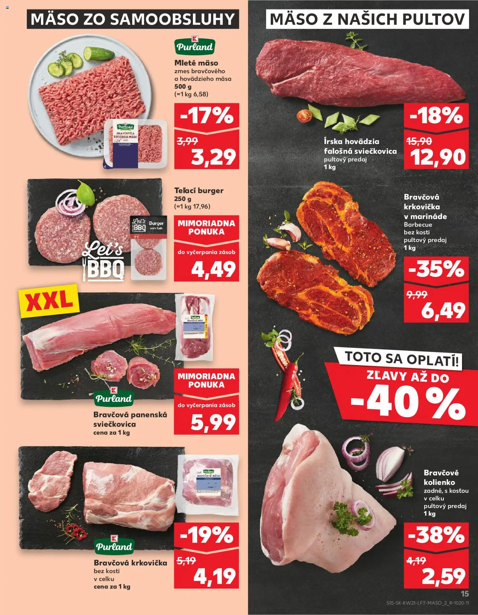 Nové Kaufland akcie – leták je platný od 21.05.2026 | Strana: 15 | Produkty: Hovädzie mäso, Bravčová krkovička, Krkovička, Mleté mäso