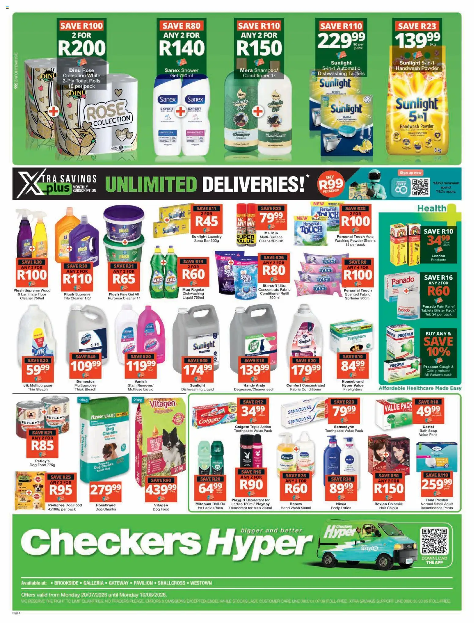 New Checkers catalogue – valid from 20/07/2026 | Page: 4 | Products: Shower, Washing powder, Dog food, Lotion