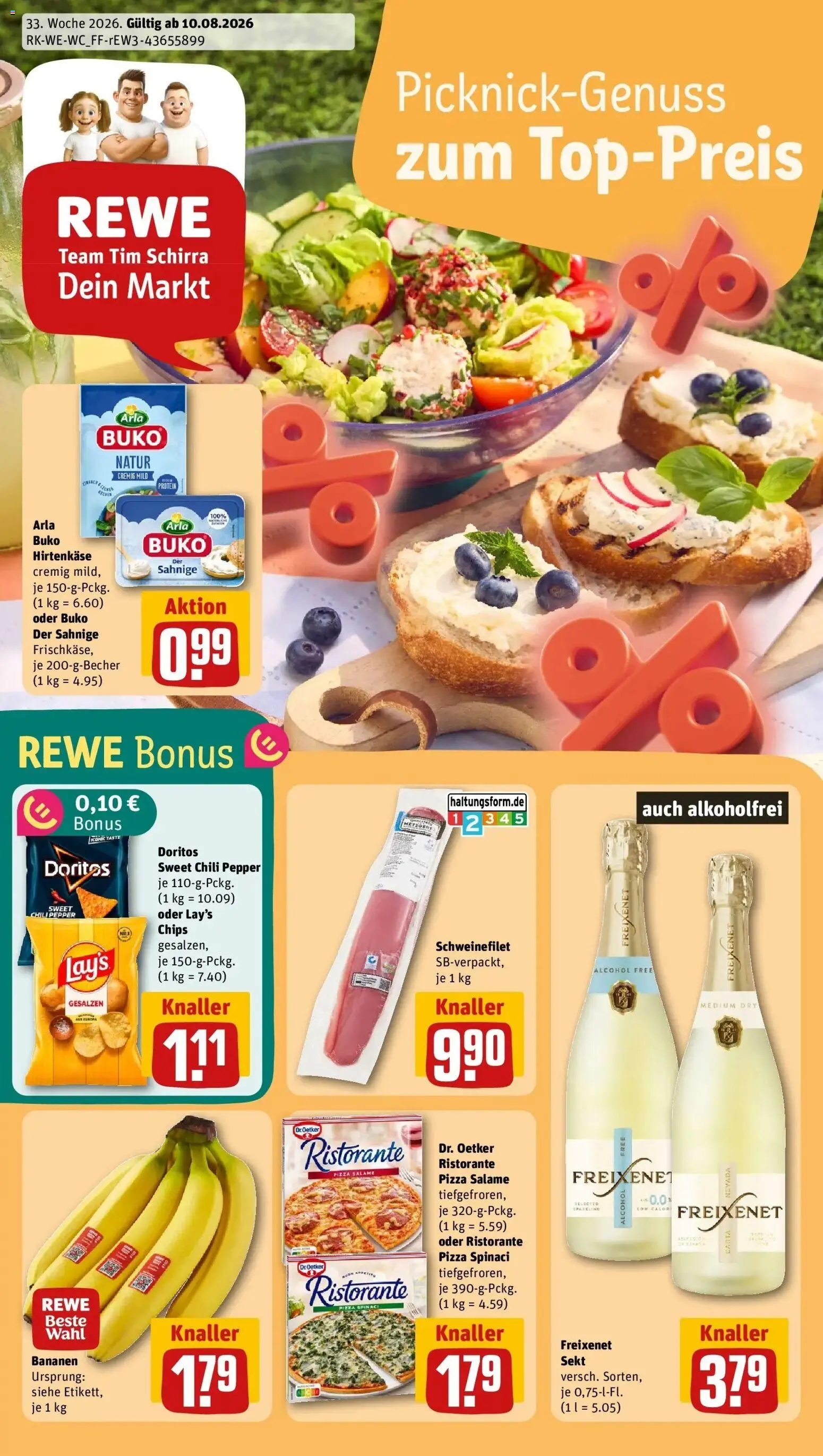 REWE Prospekt ab 10.08.2026 zum Blättern » Angebote | Seite: 1 | Produkte: Ristorante, Bananen, Arla buko, Pizza