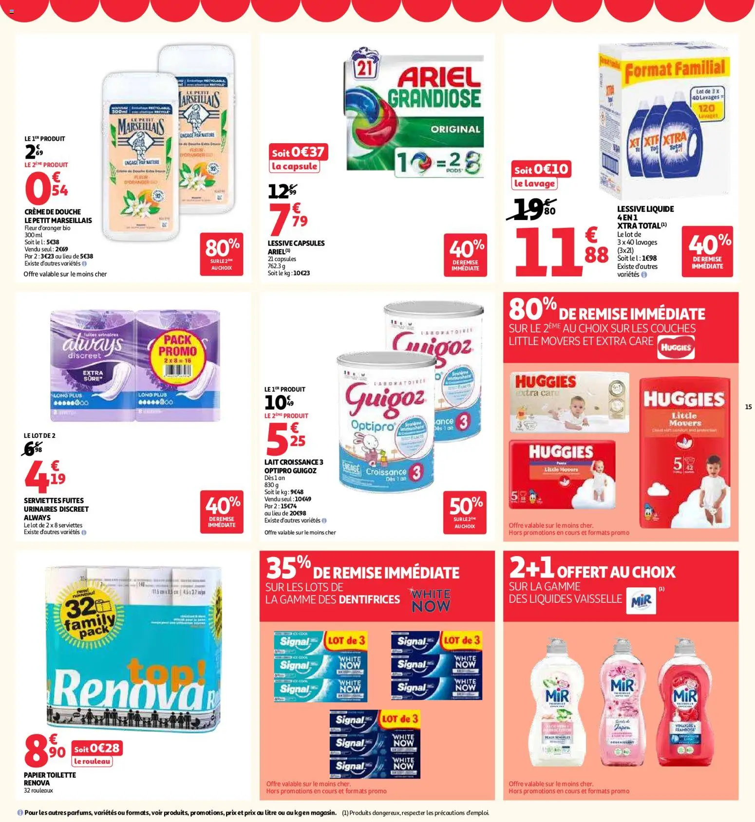 {H1} | Page: 15 | Produits: Ariel, Couches, Rouleau, Lait