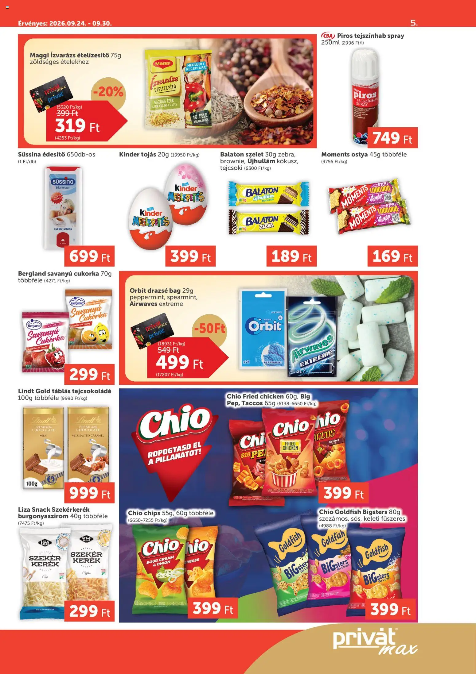 PRIVÁT akciós ujság - amely érvényes a következő dátumtól: 2026.09.24. | Oldal: 5 | Termékek: Lindt, Maggi, Kinder, Ételízesítő