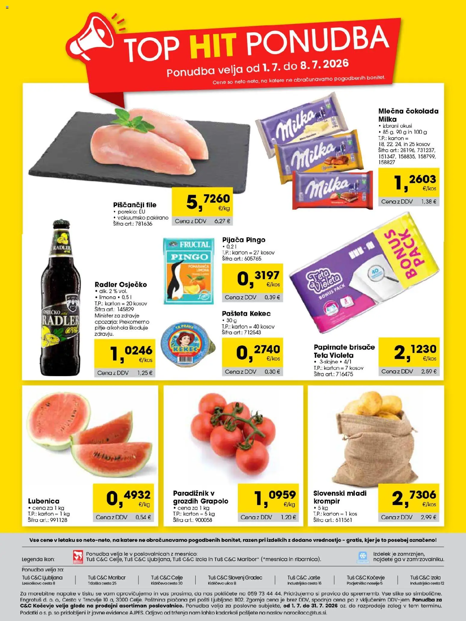 Novi Tuš katalog ponudbe – veljaven od 01.07.2026 | Stran: 24 | Izdelki: Lubenica, Pašteta, Kos, Cokolada