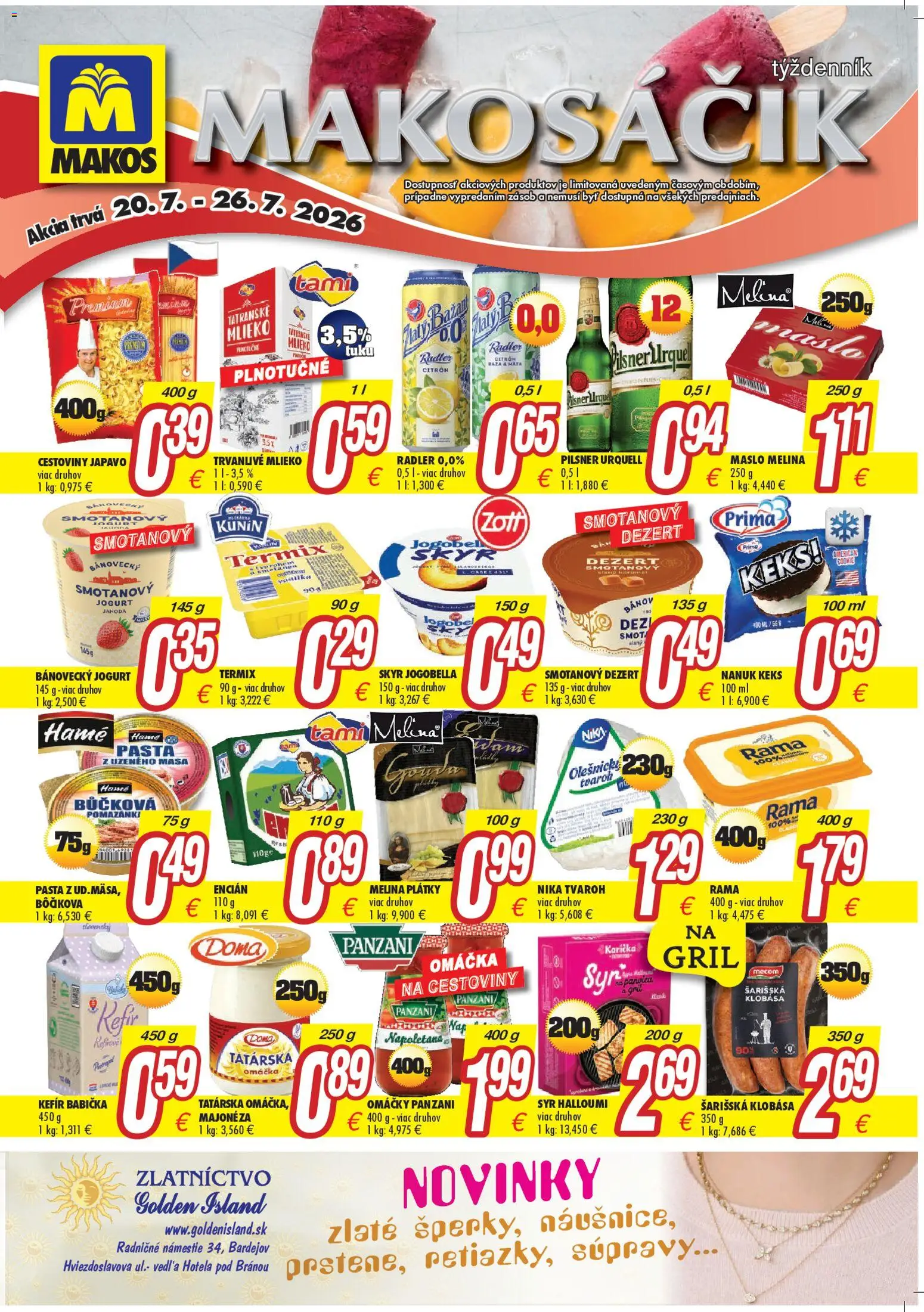 Nové Makos akcie – leták je platný od 20.07.2026 | Strana: 1 | Produkty: Gril, Syr, Prosecco, Klobása