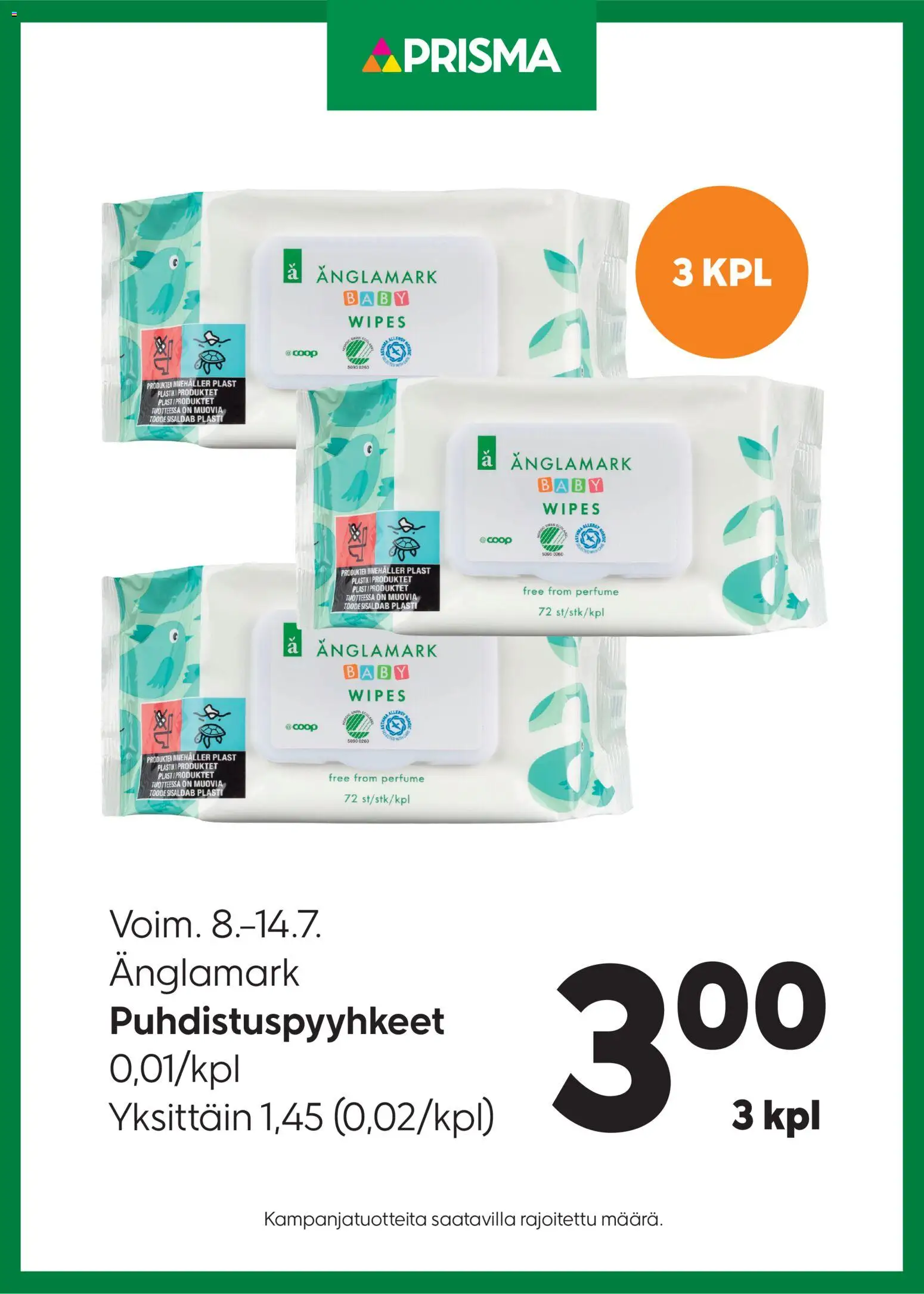 Prisma tarjoukset Puhdistuspyyhkeet – voimassa 08/07/2026 alkaen | Sivu: 1 | Tuotteet: Puhdistuspyyhkeet