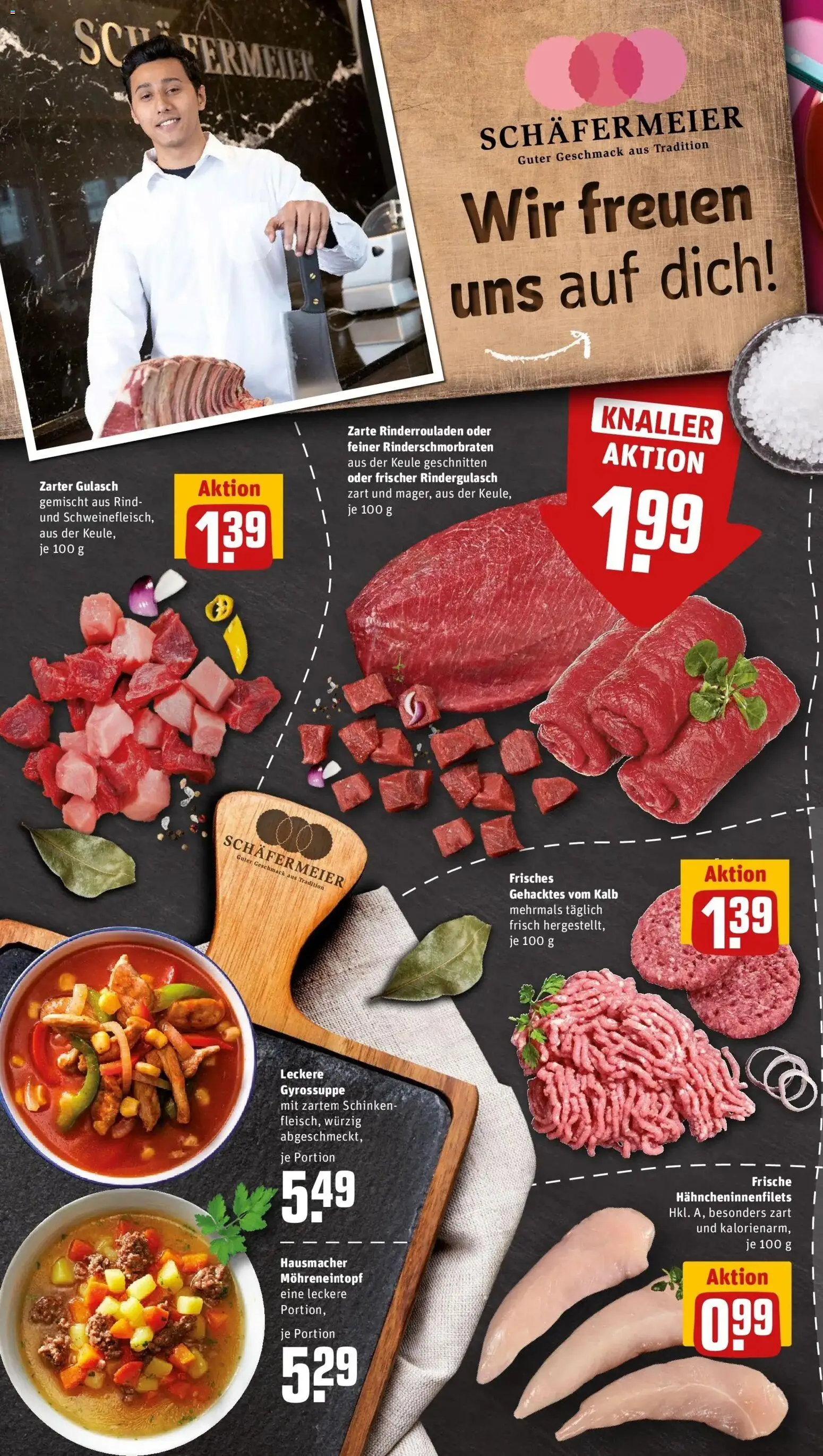 REWE Prospekt ab 19.10.2026 zum Blättern » Angebote | Seite: 8 | Produkte: Rinderrouladen, Rindergulasch, Gulasch, Schinken