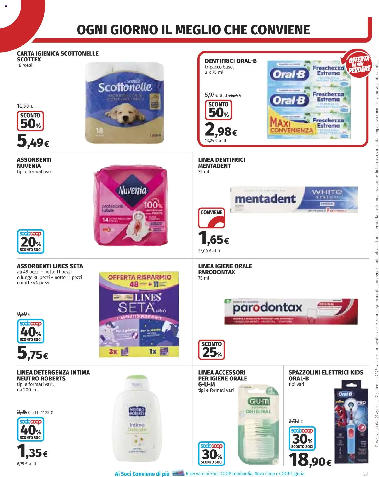Volantino COOP del 20/08/2026 | Pagina: 23 | Prodotti: Carta igienica, Data, Assorbenti, Igiene orale