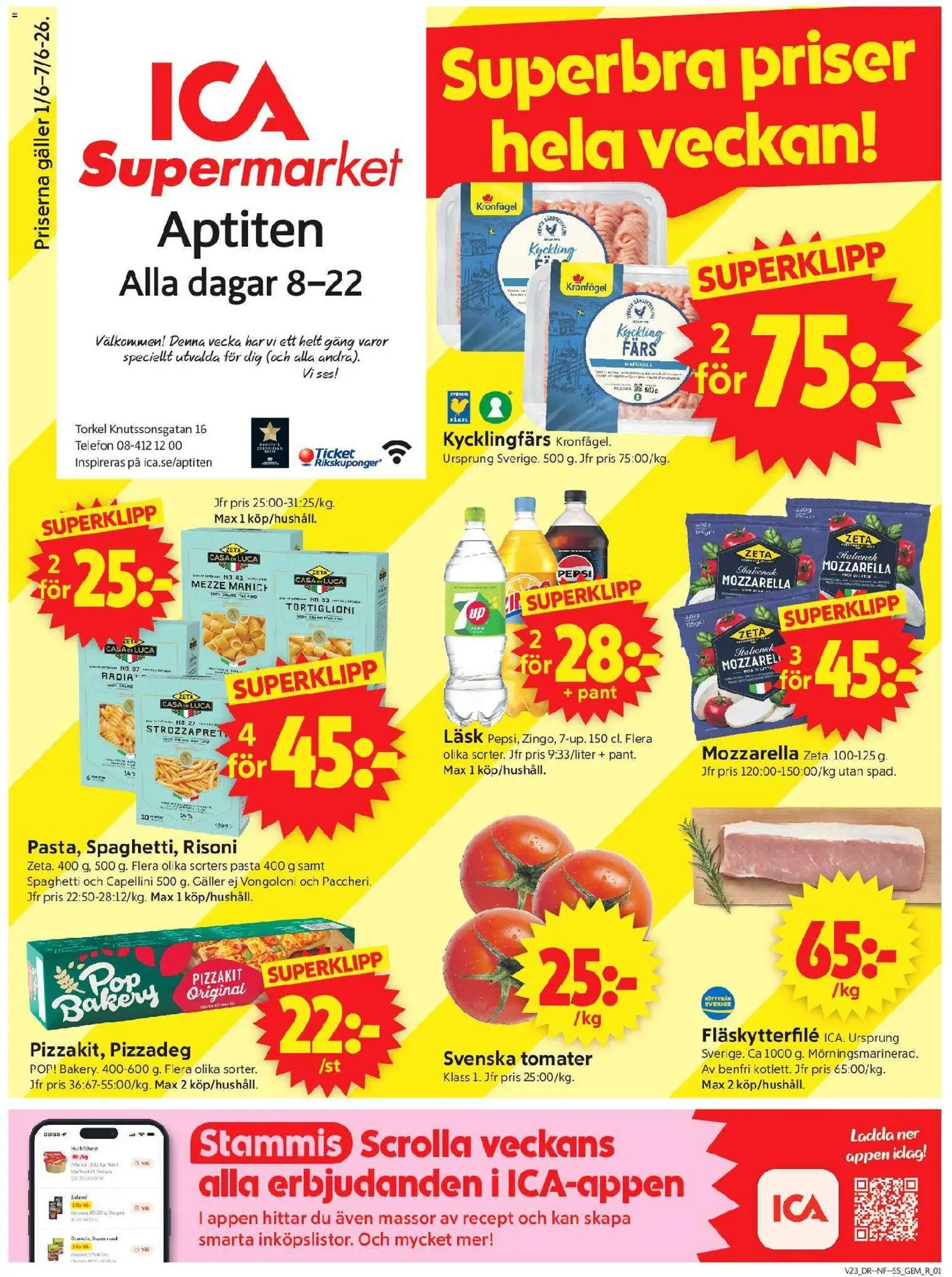 ICA Supermarket reklamblad aktuell från 01.06.2026 | Sida: 1 | Produkter: Fläskytterfilé, Tomater, Pasta, Telefon