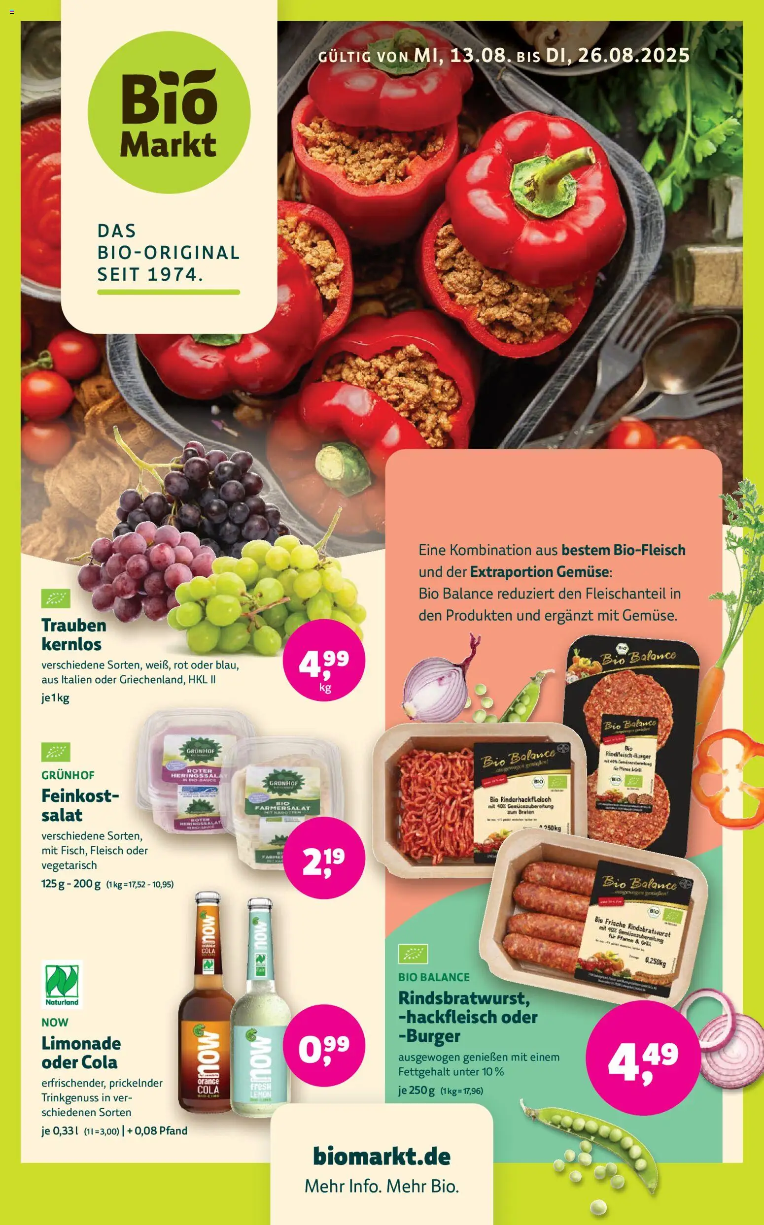 BioMarkt Prospekt – gültig ab 13.08.2026 | Seite: 1 | Produkte: Cola, Burger, Limonade, Fleisch