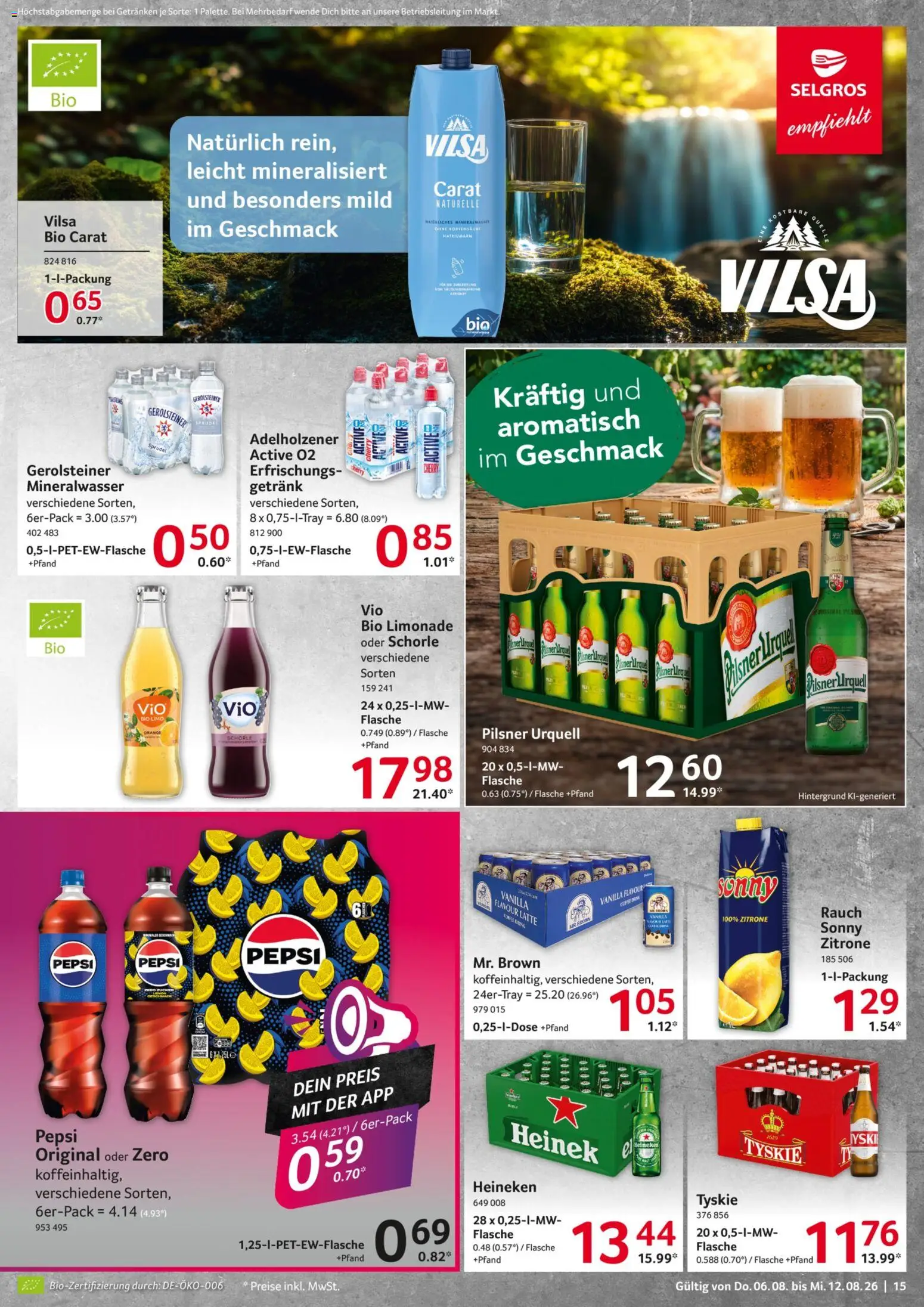 Selgros Prospekt – gültig ab 06.08.2026 | Seite: 15 | Produkte: Limonade, Mineralwasser, Pilsner urquell, Pepsi