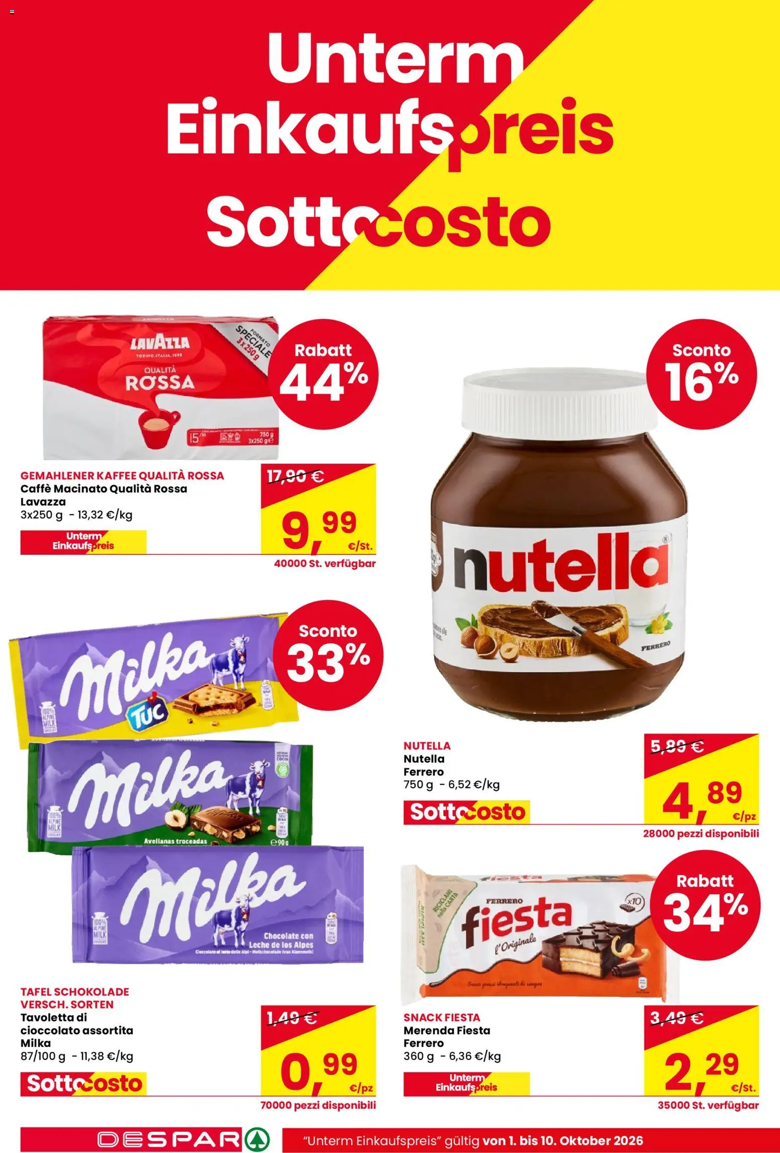 Volantino Despar del 01/10/2026 | Pagina: 4 | Prodotti: Caffè, Cioccolato, Nutella, Lavazza