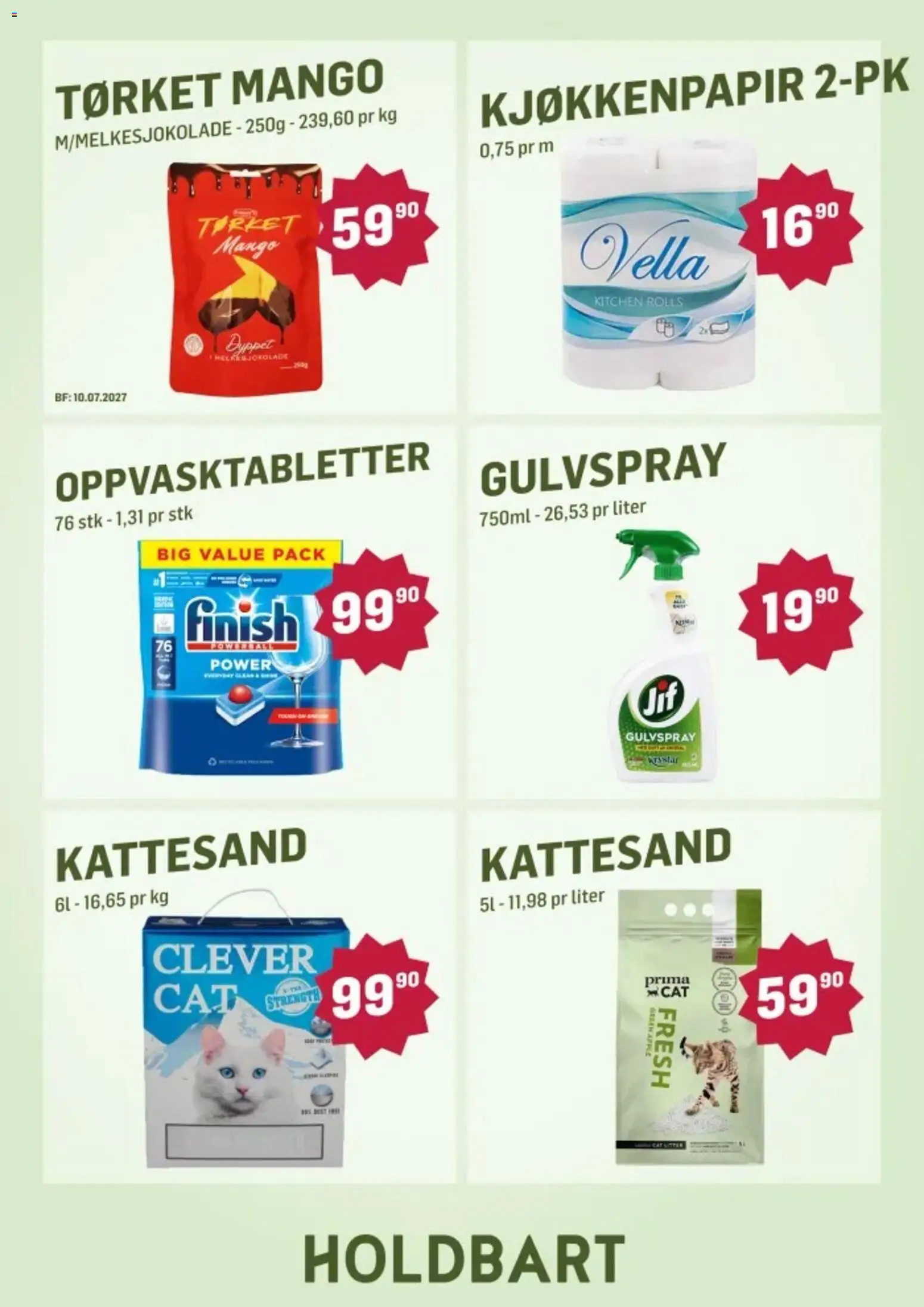 {H1} | Side: 7 | Produkter: Kattesand, Oppvasktabletter, Prima, Mango