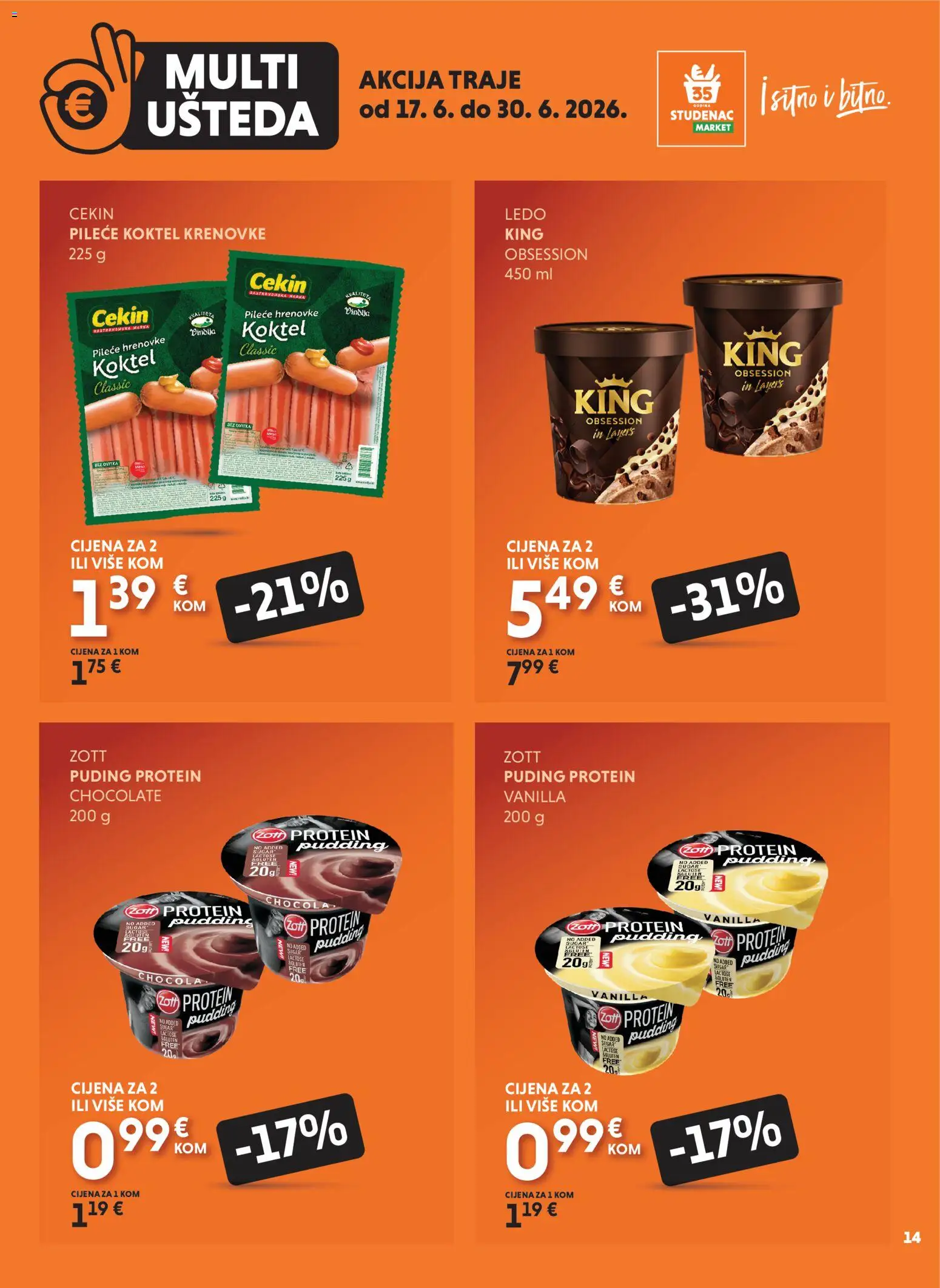 Studenac katalog | vrijedi od 17.06.2026 | Stranica: 14 | Proizvodi: Protein puding, Puding, Hrenovke, Ledo