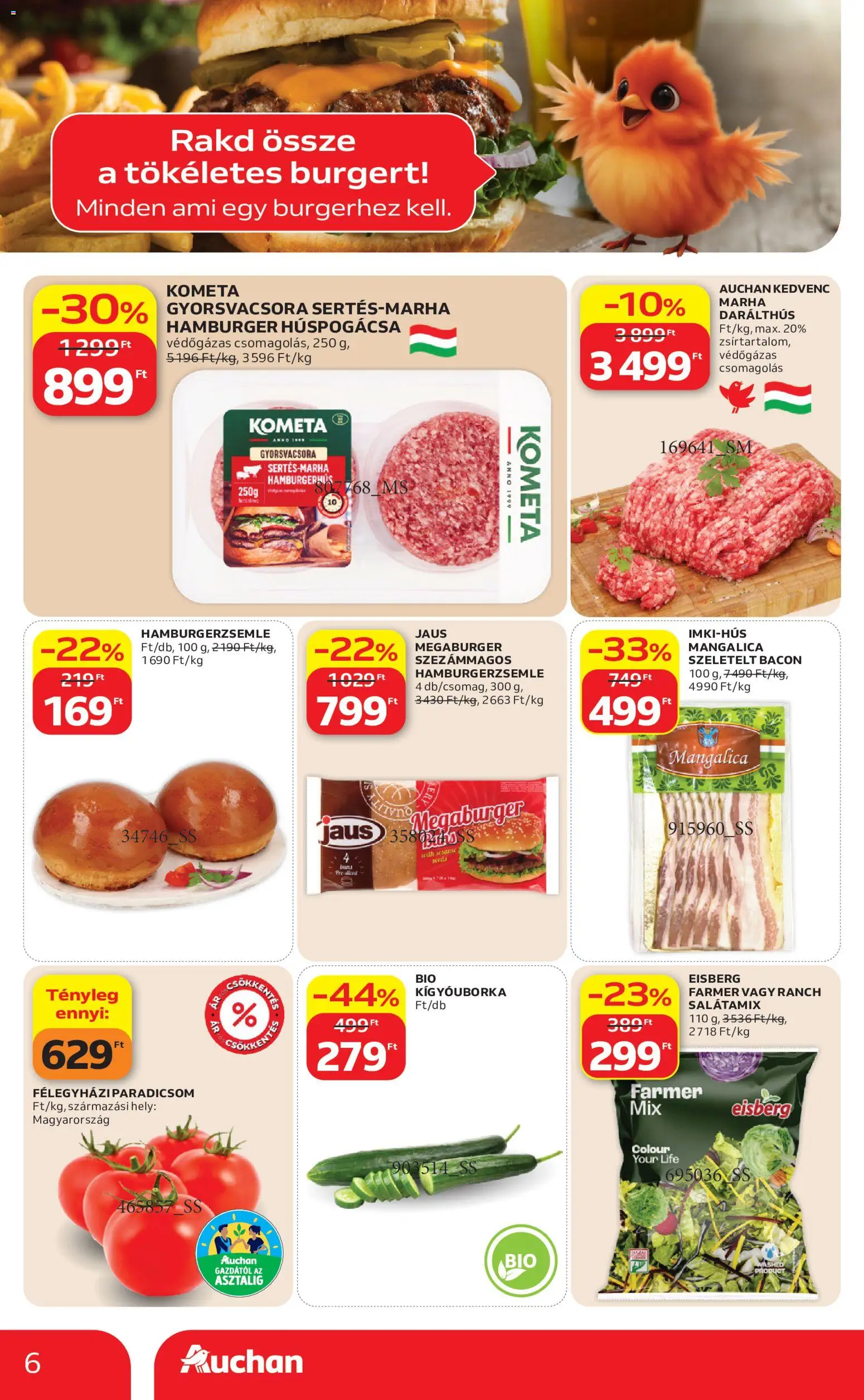 Auchan akciós ujság - amely érvényes a következő dátumtól: 28.05.2026 | Oldal: 6 | Termékek: Hamburger, Kígyóuborka, Szeletelt bacon, Bacon