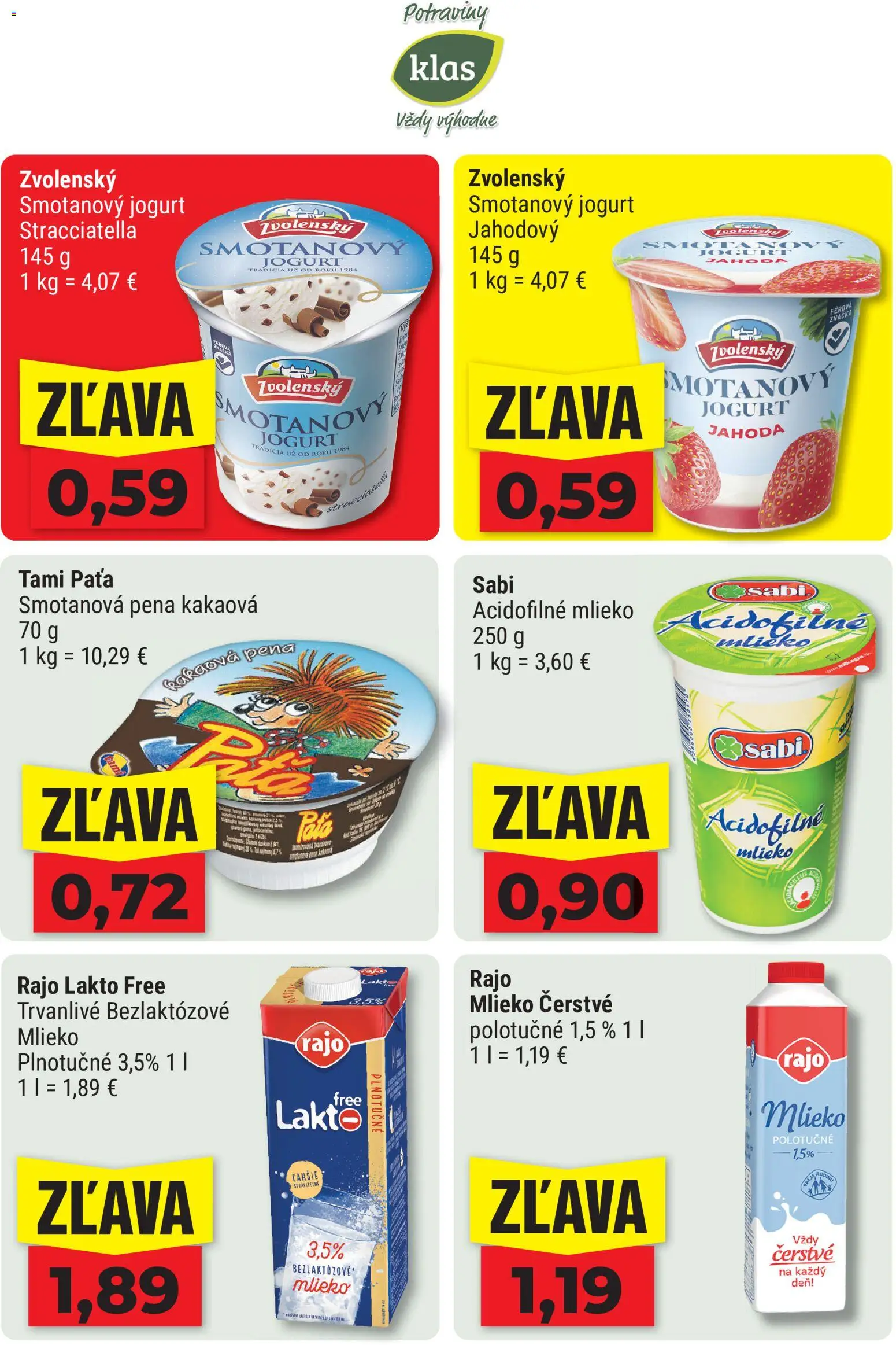 Nové Klas akcie – leták je platný od 10.08.2026 | Strana: 4 | Produkty: Mlieko, Smotanový jogurt, Bezlaktózové mlieko, Acidofilné mlieko