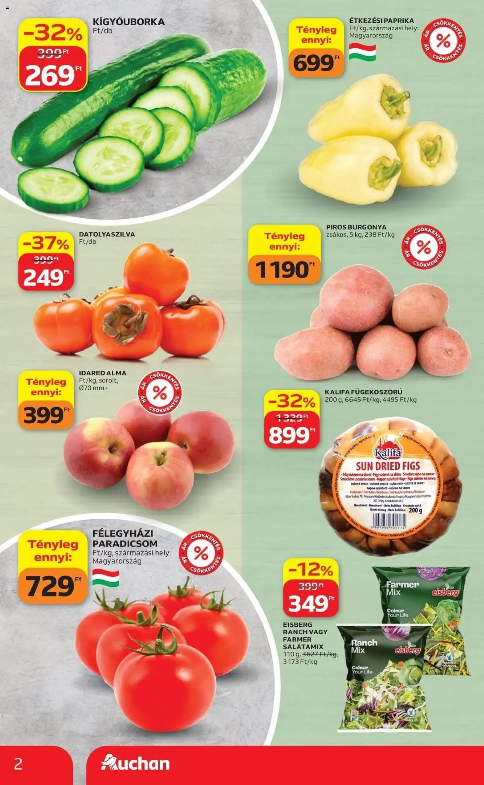 Auchan akciós újság Kecskemét - 2026.10.29. -tól/töl > akció, lapozható szórólap 🛍️ | Oldal: 2 | Termékek: Burgonya, Farmer, Étkezési paprika, Paradicsom