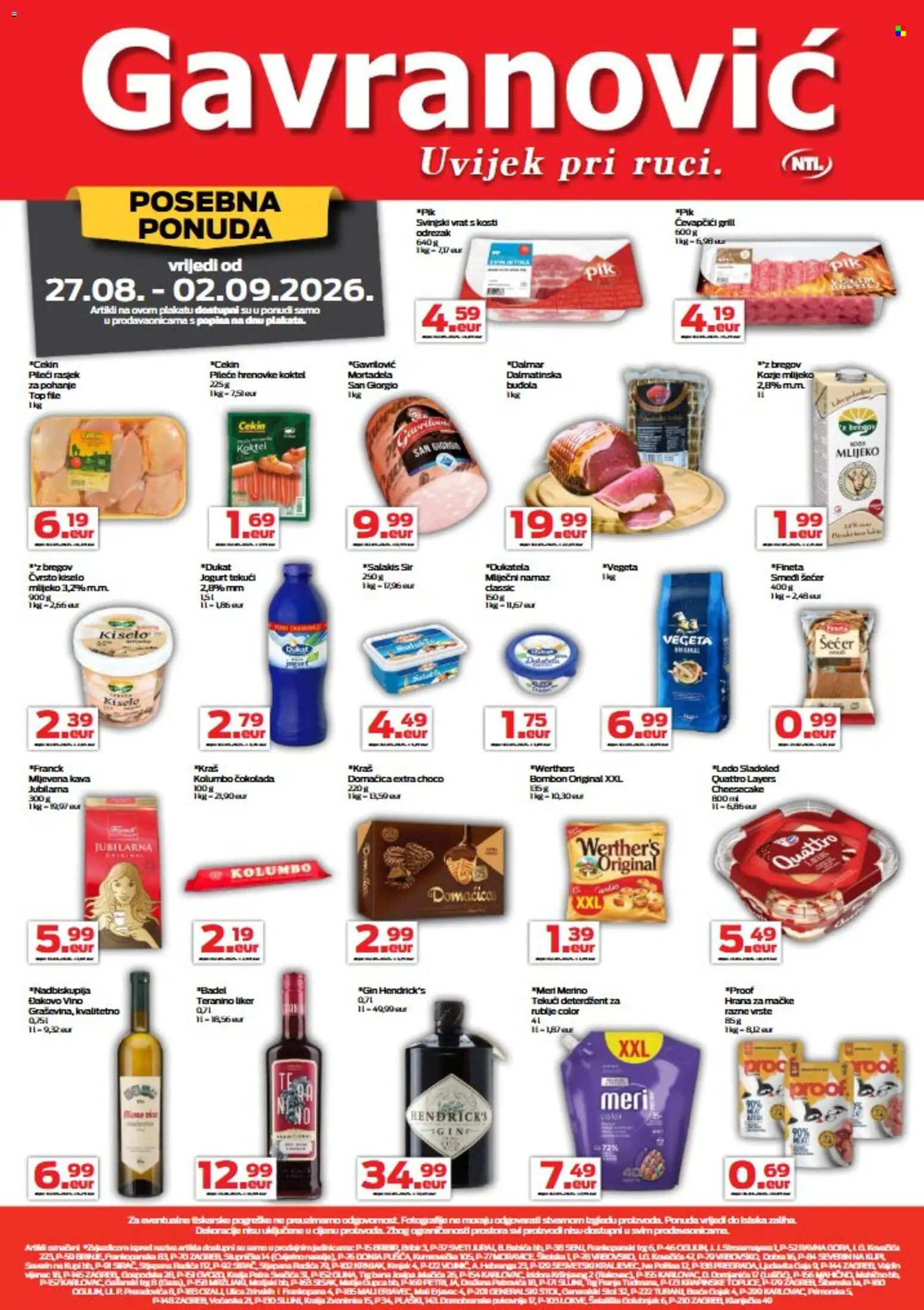 Gavranović katalog | vrijedi od 27.08.2026 | Stranica: 1 | Proizvodi: Čokolada, Teranino, Ćevapčići, Meri Merino
