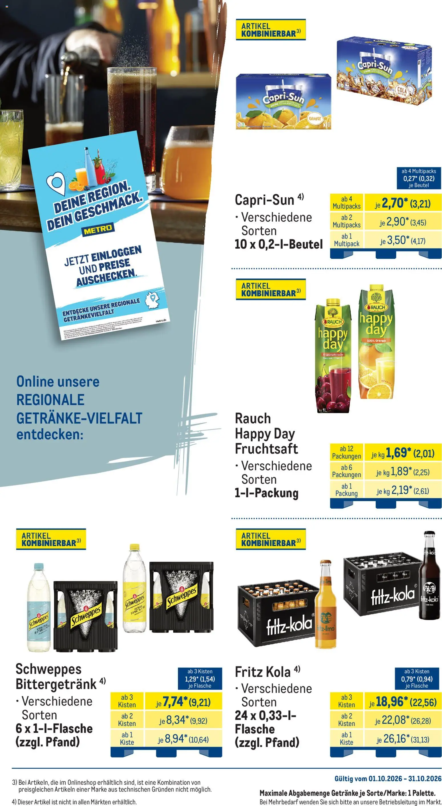 Metro Monats-Menü – gültig ab 01.10.2026 | Seite: 28 | Produkte: Cola, Fritz kola, Schweppes, Fruchtsaft