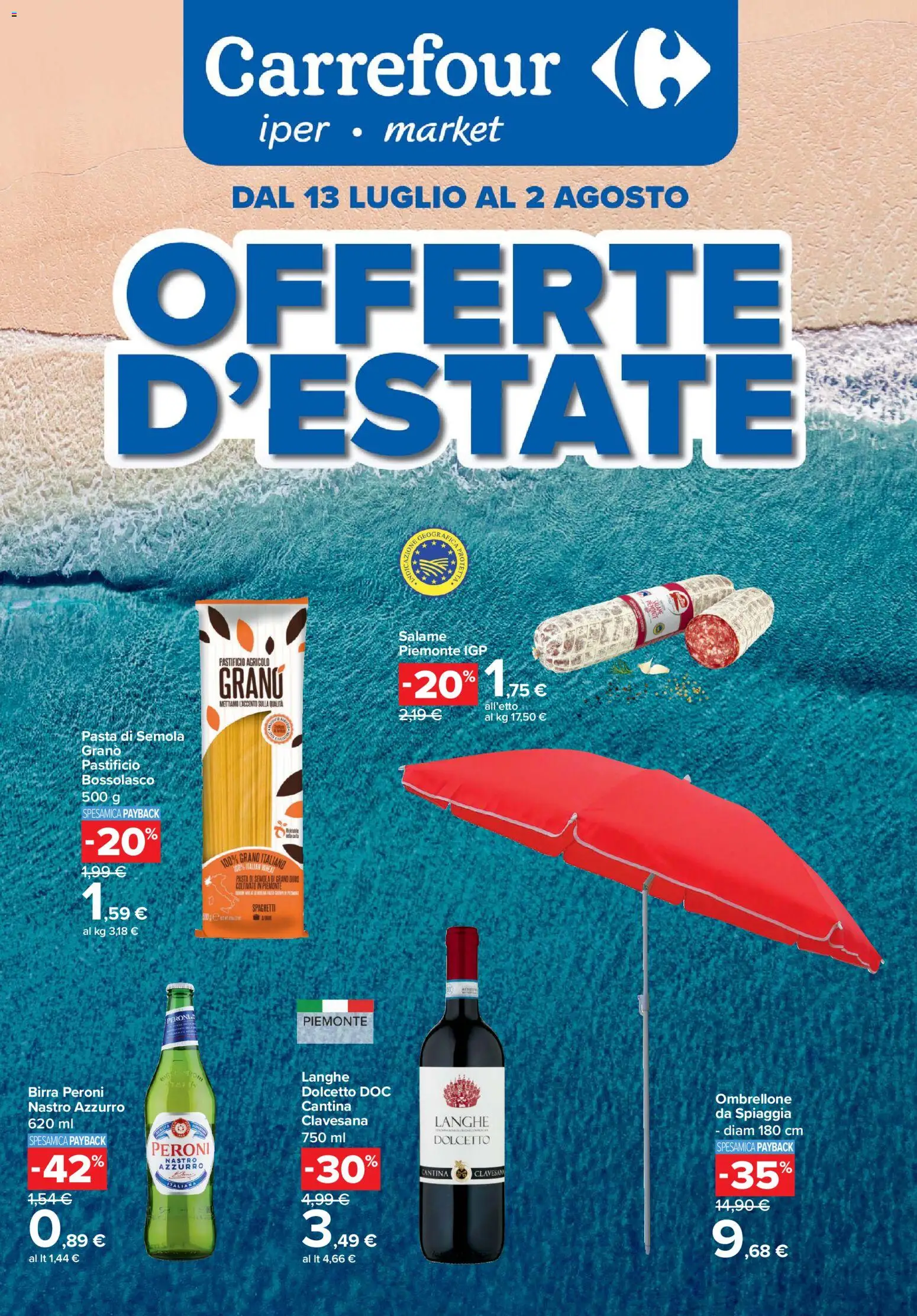 Volantino Carrefour del 13/07/2026 | Pagina: 1 | Prodotti: Salame, Birra, Ombrellone, Pasta