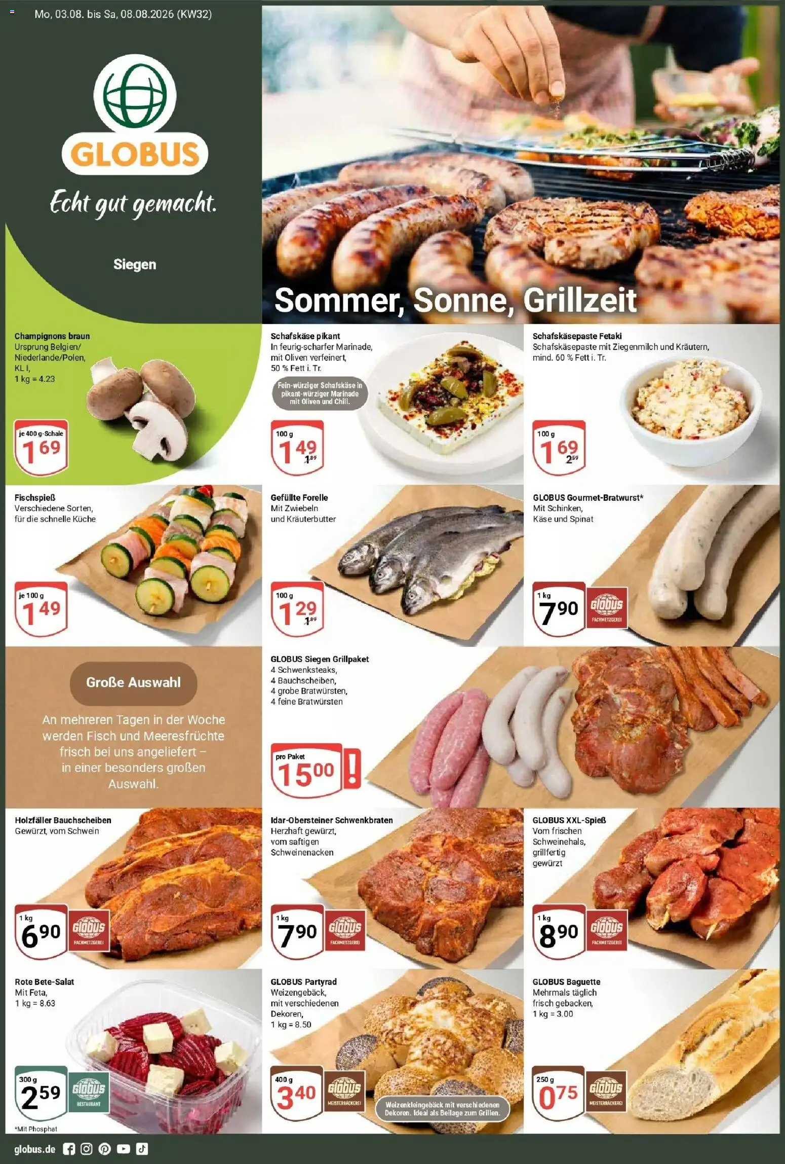 Globus Prospekt Siegen (ab 03.08.2026) » Angebote online | Seite: 1 | Produkte: Käse, Kräuterbutter, Fisch, Champignons