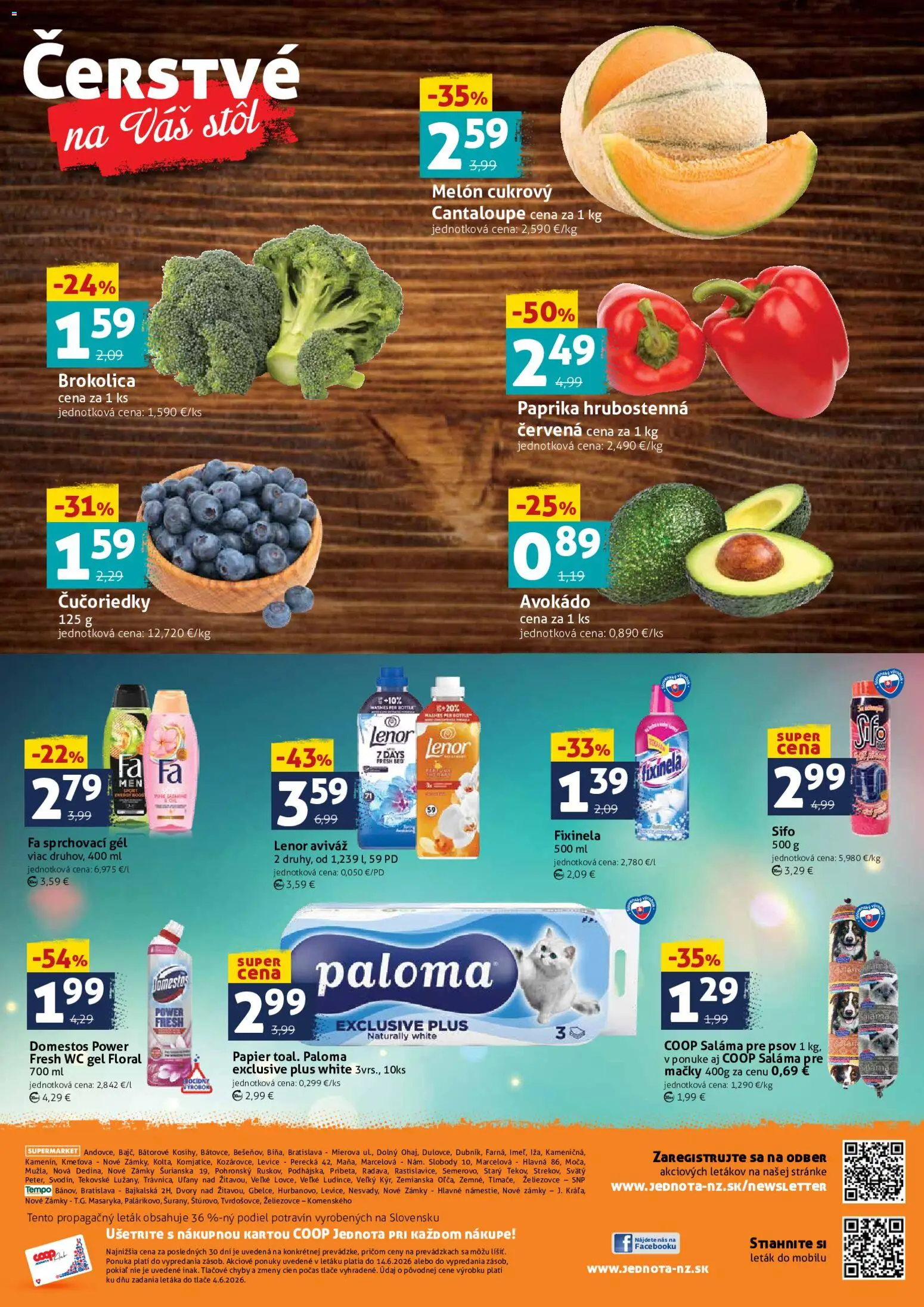 Nové COOP Jednota akcie – leták je platný od 12.06.2026 | Strana: 4 | Produkty: Stôl, Wc, Čučoriedky, Melón