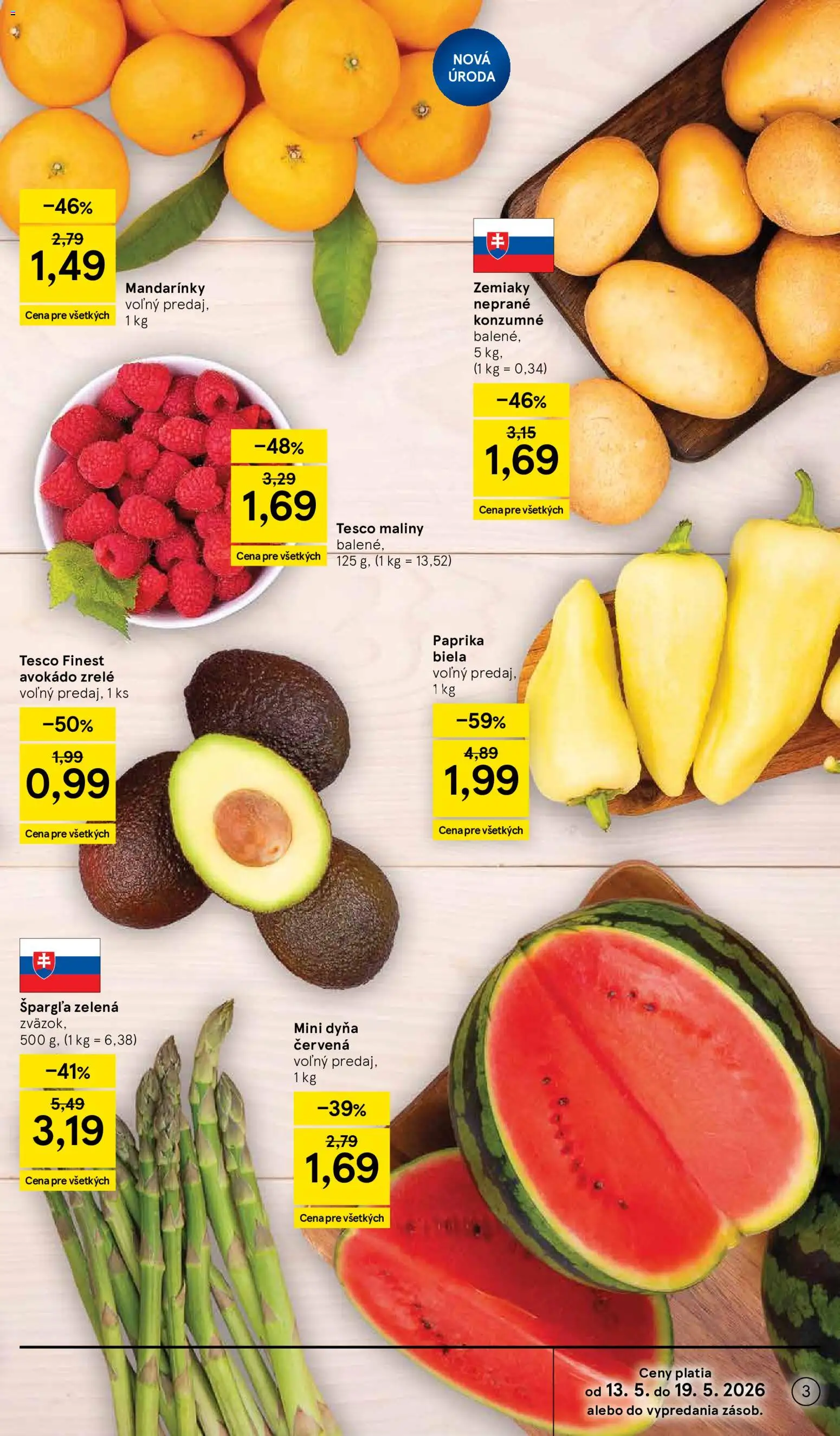 Nové Tesco akcie – leták je platný od 13.05.2026 | Strana: 3 | Produkty: Paprika, Mandarinky, Zemiaky, Maliny