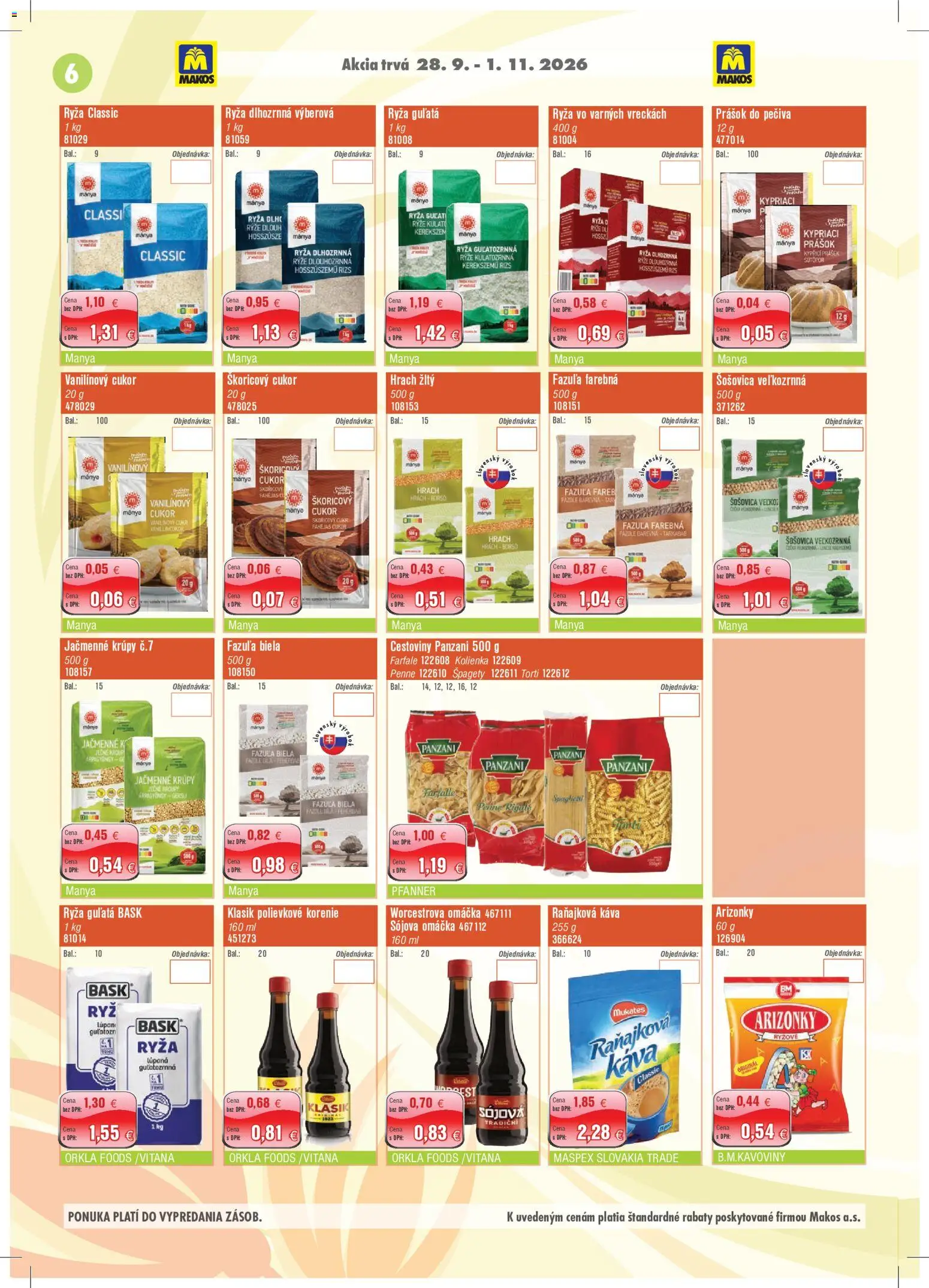 Nové Makos akcie – leták je platný od 28.09.2026 | Strana: 6 | Produkty: Hrach, Šošovica, Omáčka, Sójová omáčka