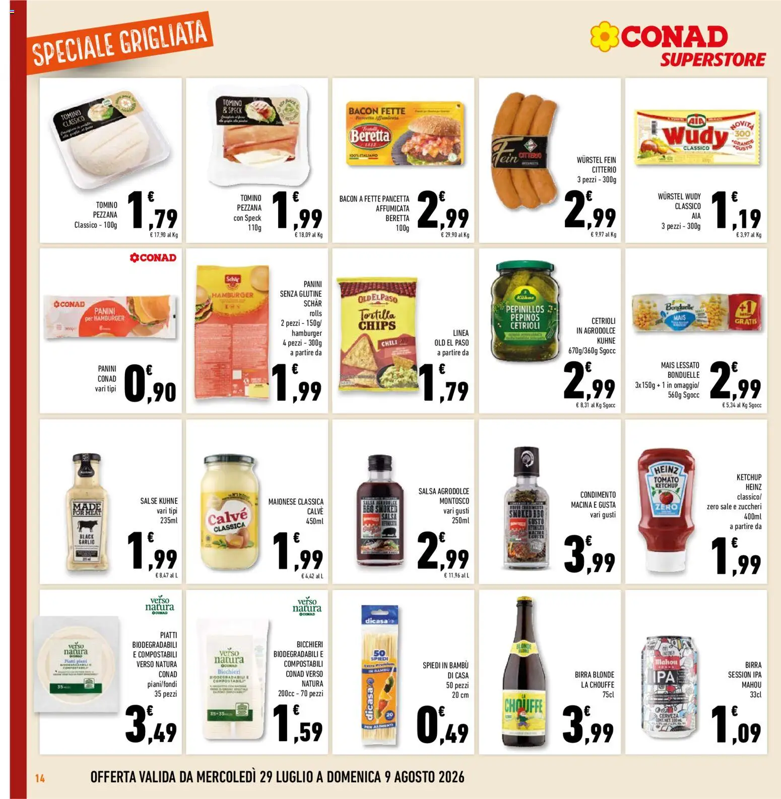 Volantino Conad del 29/07/2026 | Pagina: 14 | Prodotti: Ketchup, Pancetta, Cetrioli, Hamburger