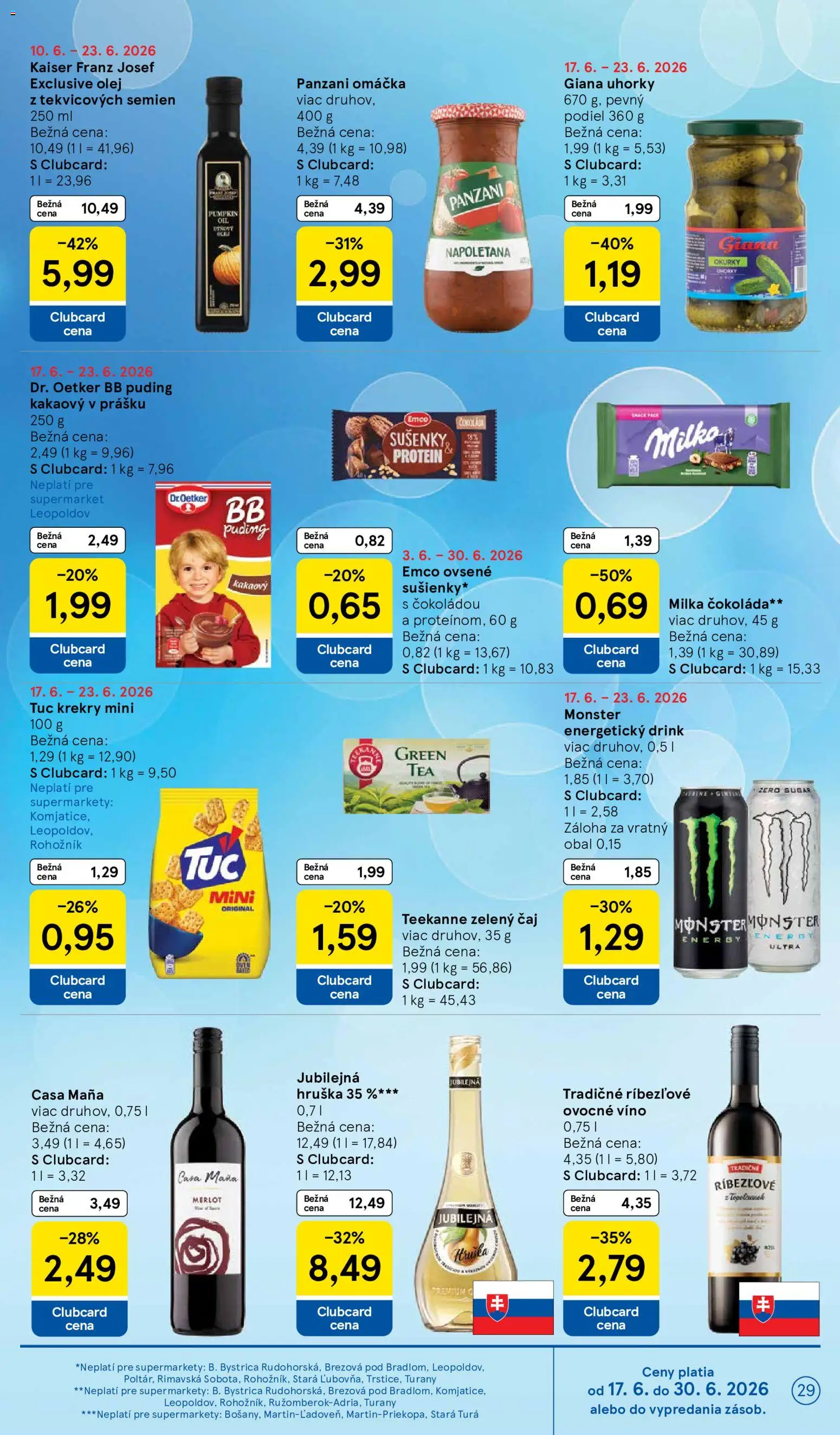Nové Tesco akcie – leták je platný od 17.06.2026 | Strana: 29 | Produkty: Víno, Čokoláda, Omáčka, Teekanne