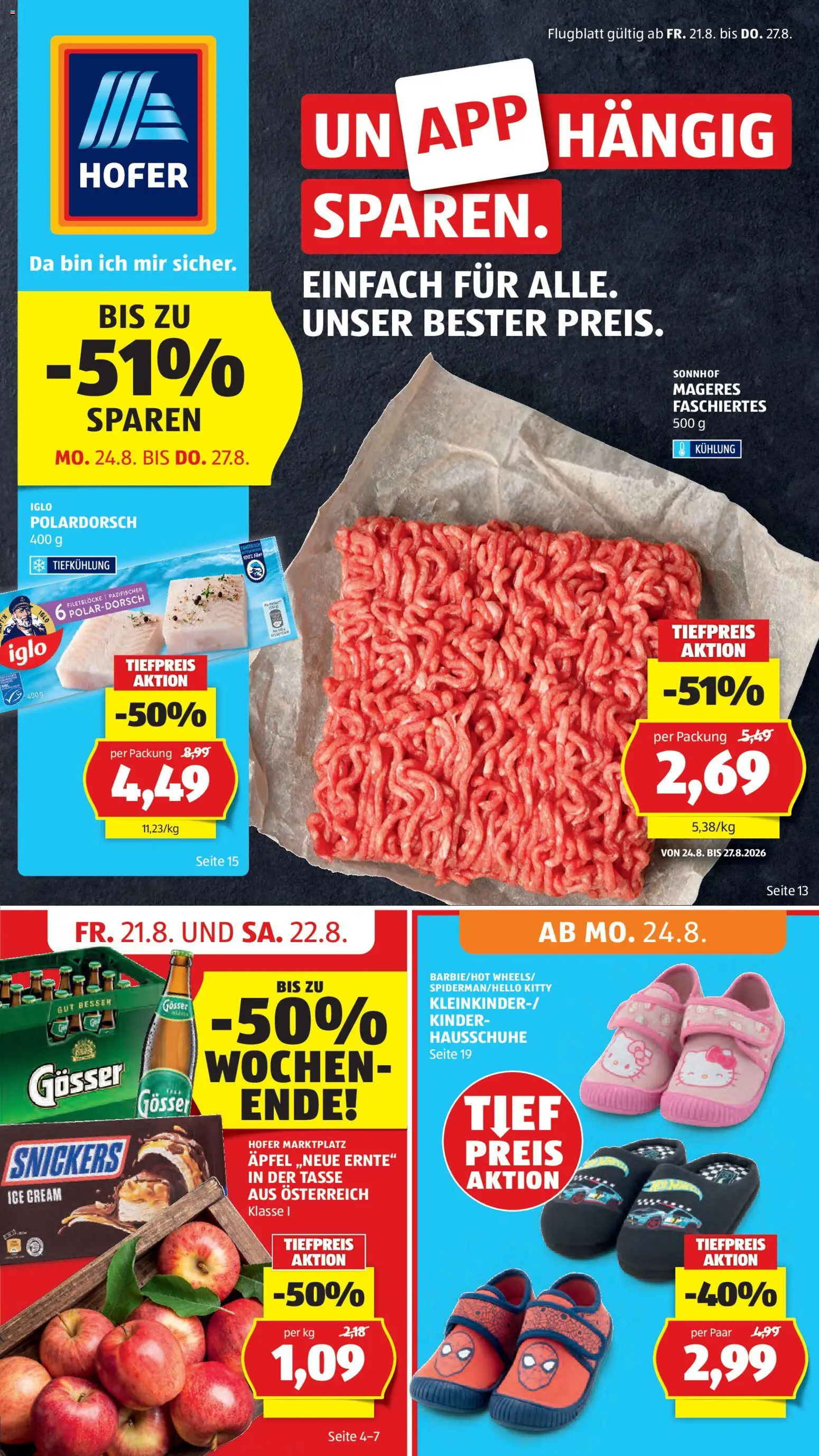 Hofer Flugblatt gültig ab 21.08.2026 | Seite: 1 | Produkte: Hausschuhe, Snickers, Äpfel