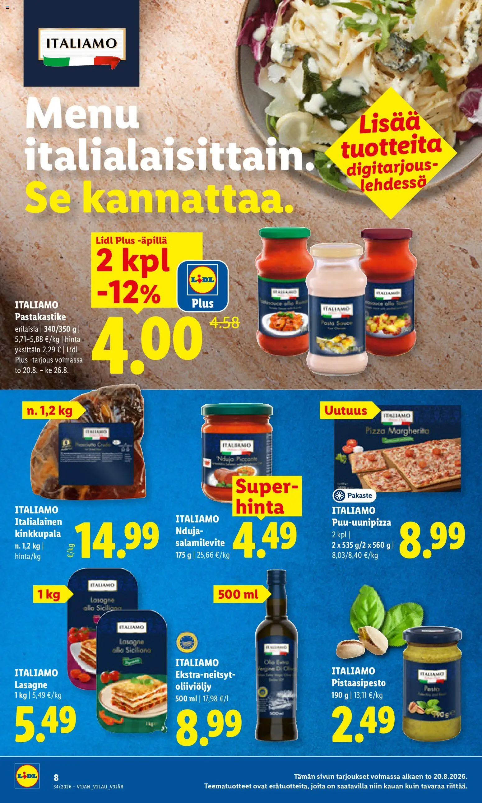 Lidl tarjoukset – voimassa 20/08/2026 alkaen | Sivu: 8 | Tuotteet: Pastakastike, Oliiviöljy, Pizza