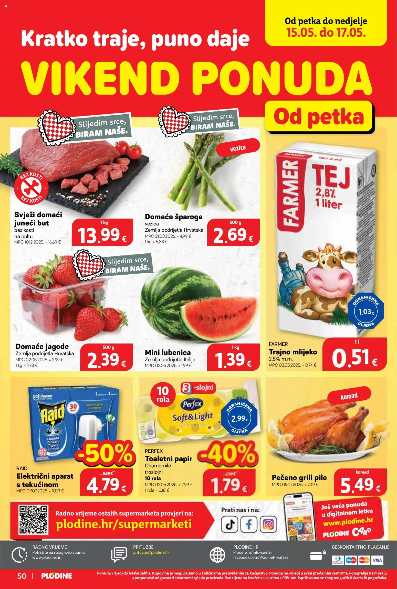 Plodine katalog | vrijedi od 13.05.2026 | Stranica: 50 | Proizvodi: Juneći but, Mlijeko, Jagode, Lubenica