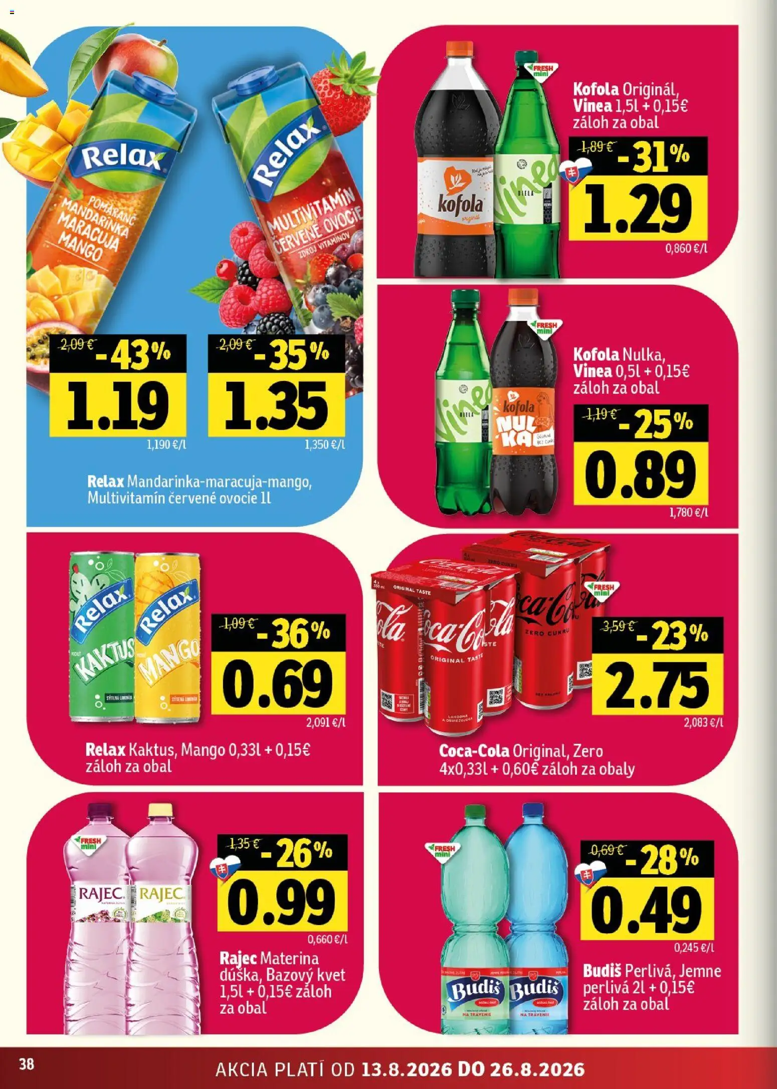 Nové Fresh akcie – leták je platný od 13.08.2026 | Strana: 38 | Produkty: Rajec, Budiš, Vinea, Ovocie