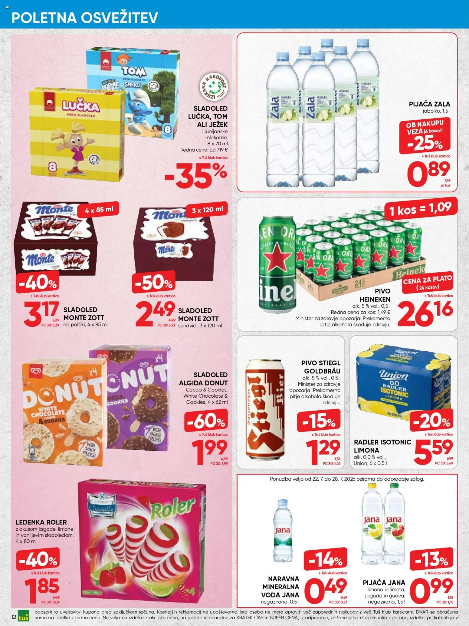 Novi Tuš katalog ponudbe – veljaven od 22.07.2026 | Stran: 12 | Izdelki: Radler, Sladoled, Voda, Limona