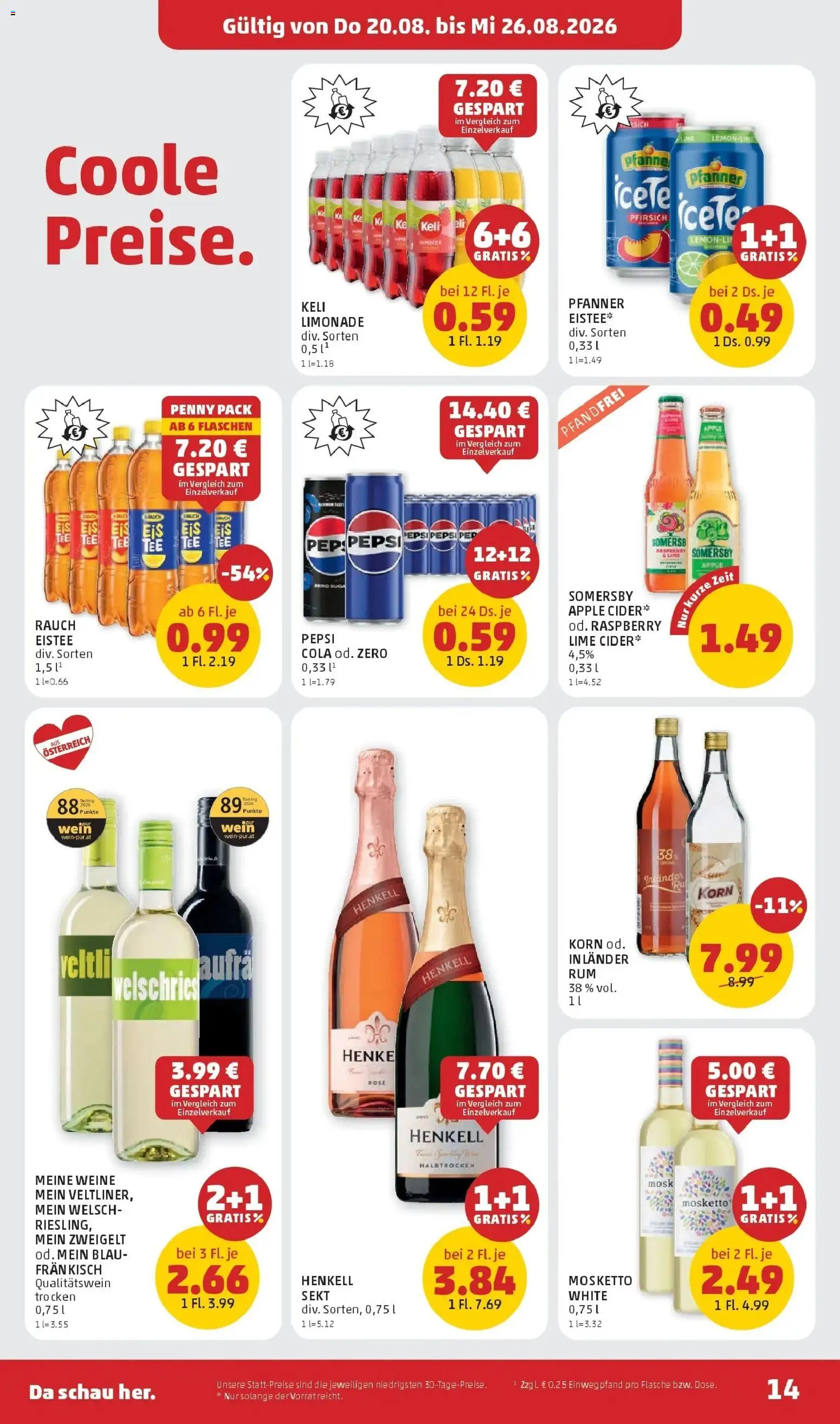 Penny Markt Die ganze Woche sparen ab (20.08.2026) - Angebote, Prospekt | Seite: 14 | Produkte: Pfirsich, Apple, Wein, Pepsi