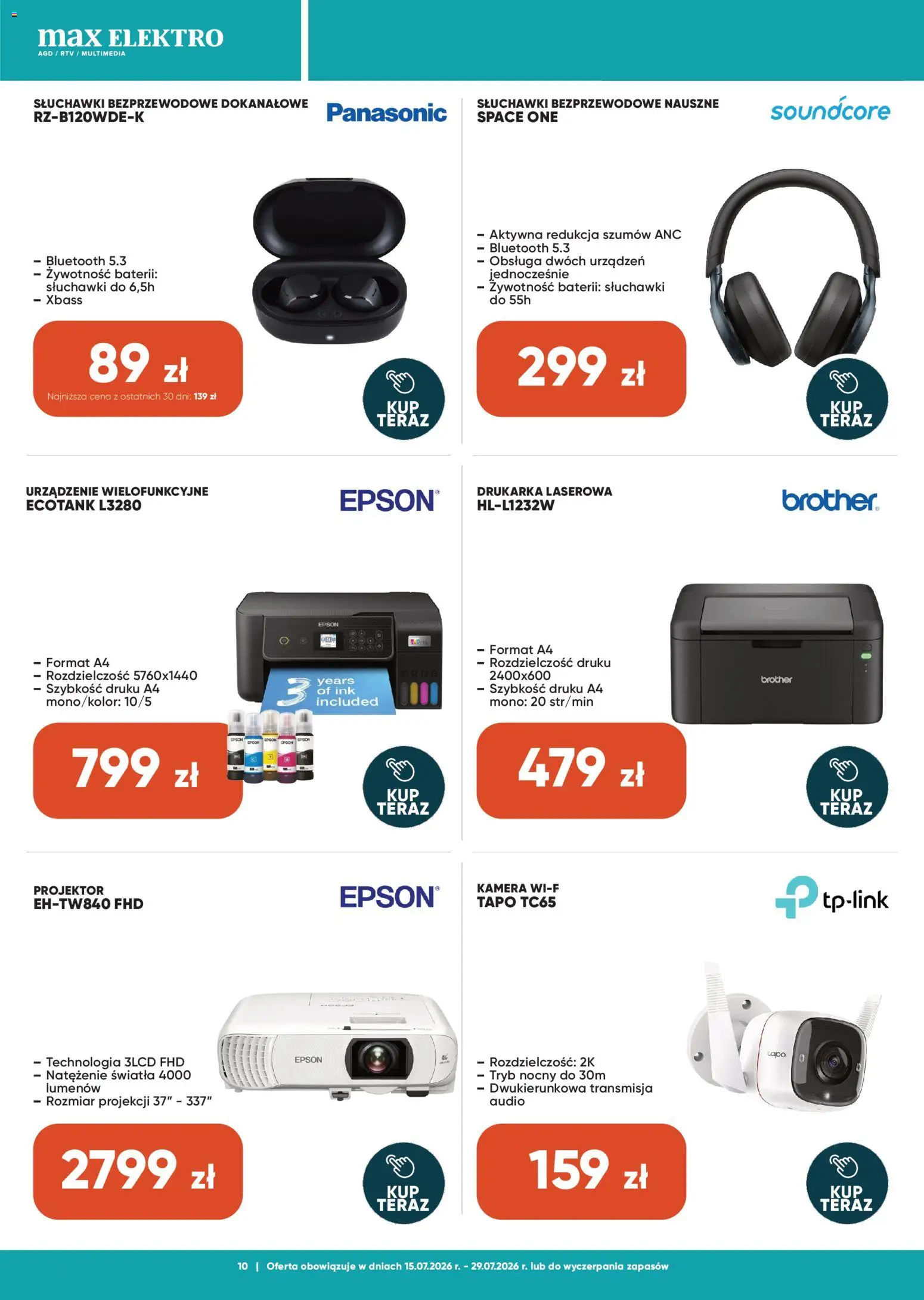 Max elektro gazetka od 15.07.2026 | Strona: 10 | Produkty: Drukarka, Audio, Słuchawki, Słuchawki bezprzewodowe