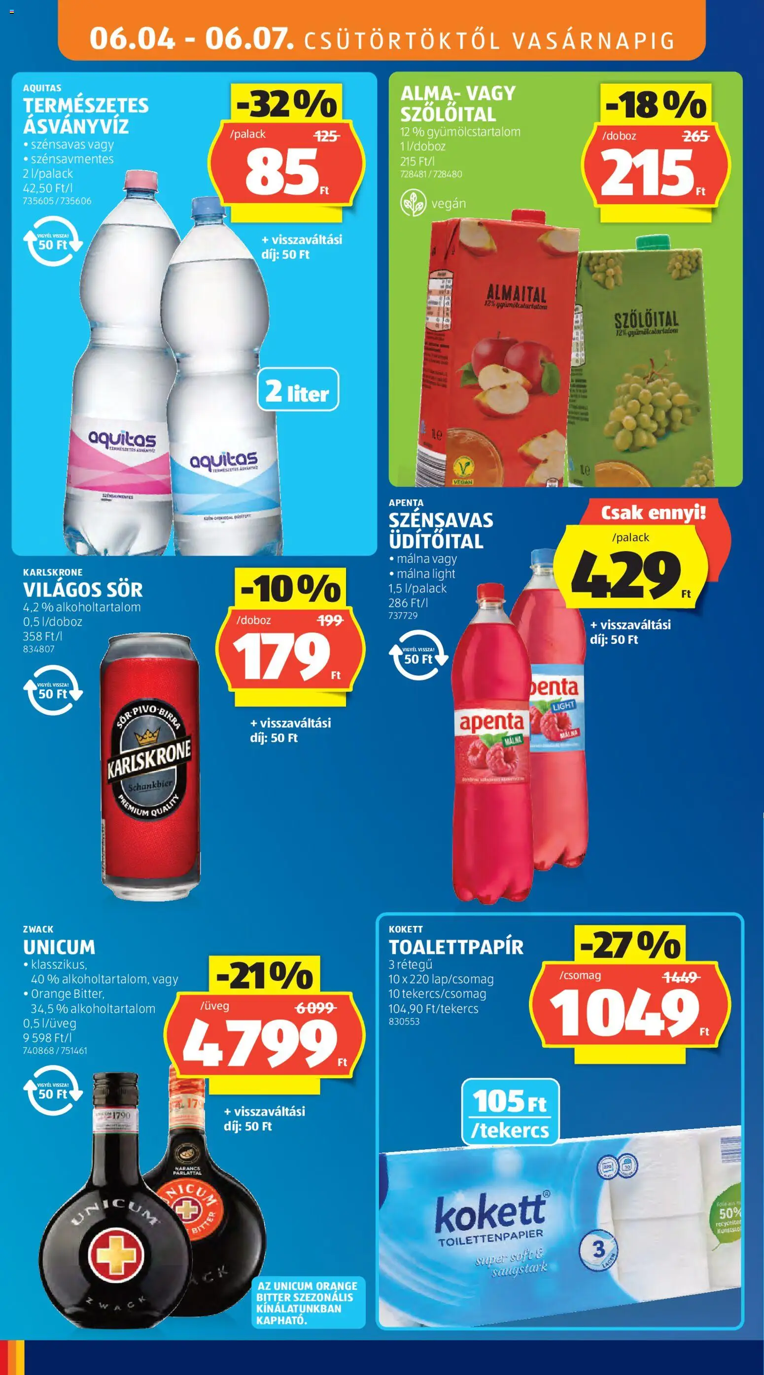 Aldi akciós ujság - amely érvényes a következő dátumtól: 04.06.2026 | Oldal: 14 | Termékek: Málna, Ásványvíz, Sör, Narancs