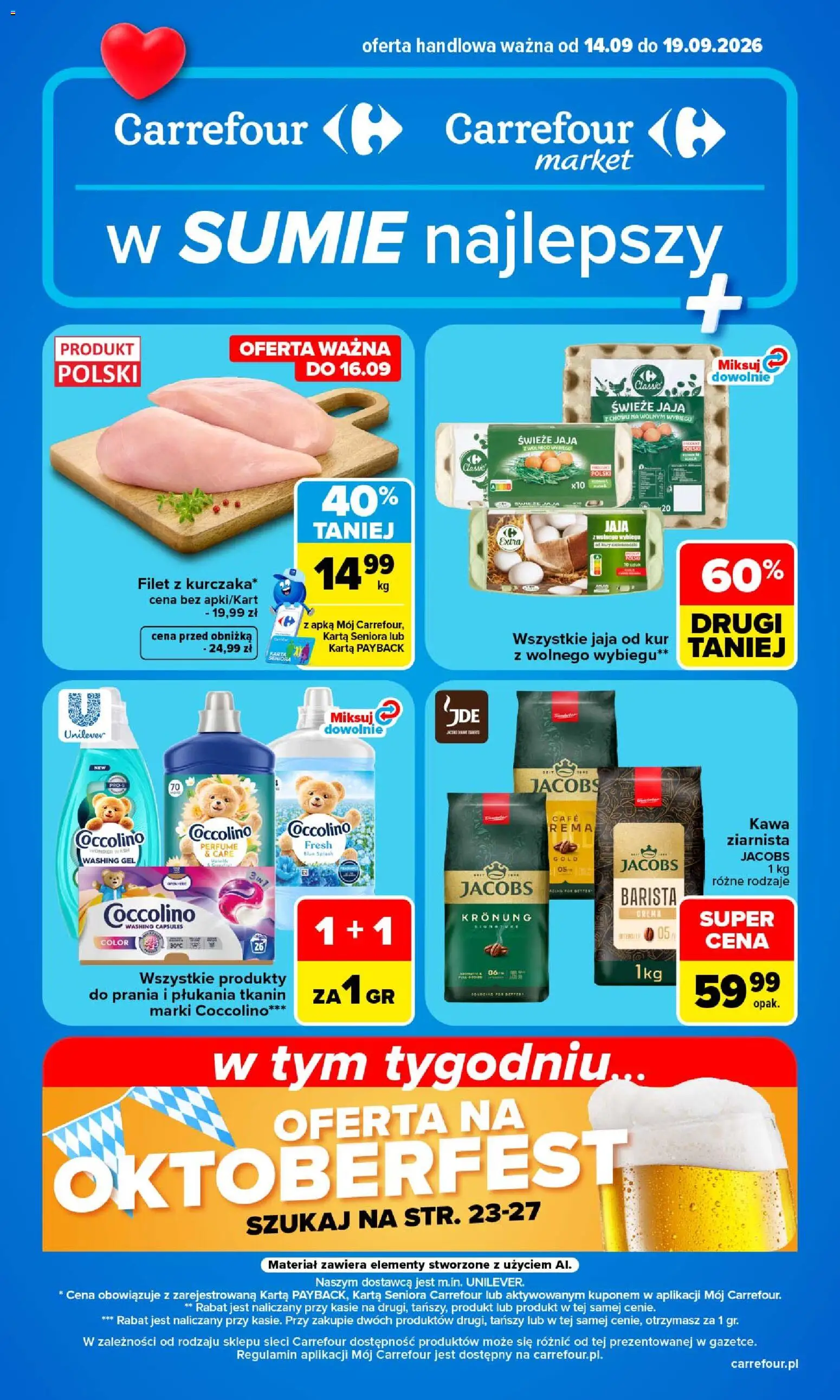 Carrefour gazetka od 14.09.2026 | Strona: 1 | Produkty: Jacobs, Coccolino, Filet, Jaja